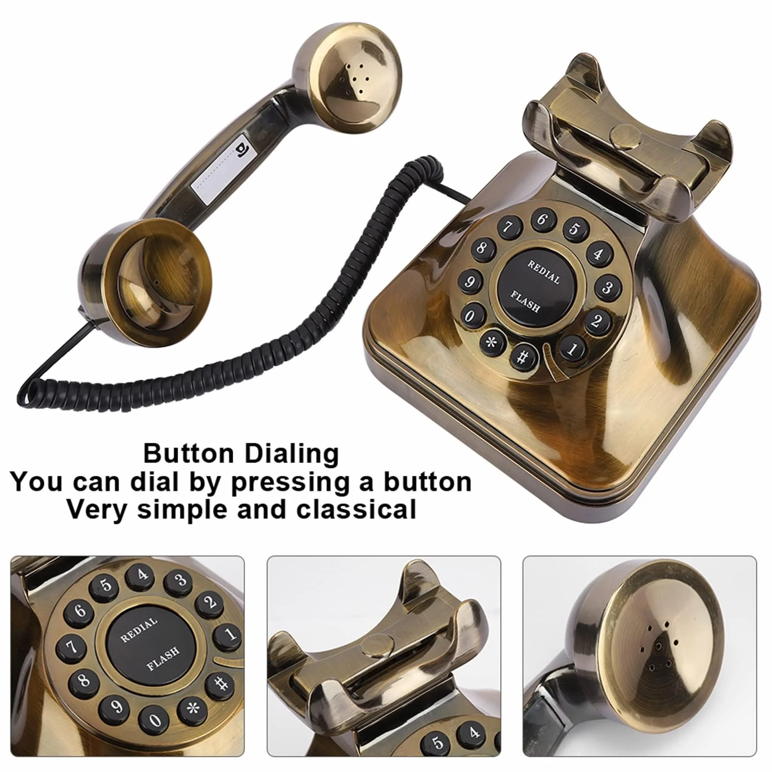 Ejoyous Antyczny telefon, retro vintage brązowy telefon stacjonarny staromodna tarcza z przyciskiem przewodowy telefon dekoracyjny rozmówca na biurko do domu biura hotelu dekoracja