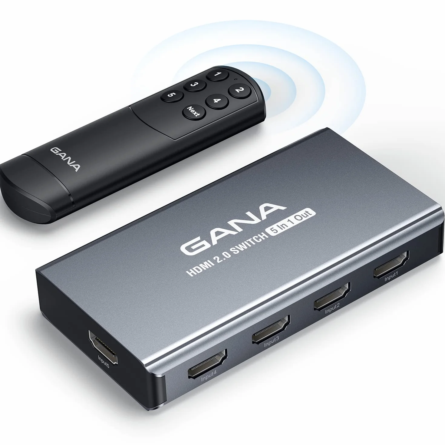 Przełącznik HDMI 5 w 1 Out 4K przy 60Hz, GANA rozdzielacz HDMI z pilotem, aluminiowy koncentrator HDMI 2.0 do 3D, HDCP2.2, HDR, kompatybilny z Xbox, PS5/4/3, Fire Stick, Roku, odtwarzaczem Blu-Ray