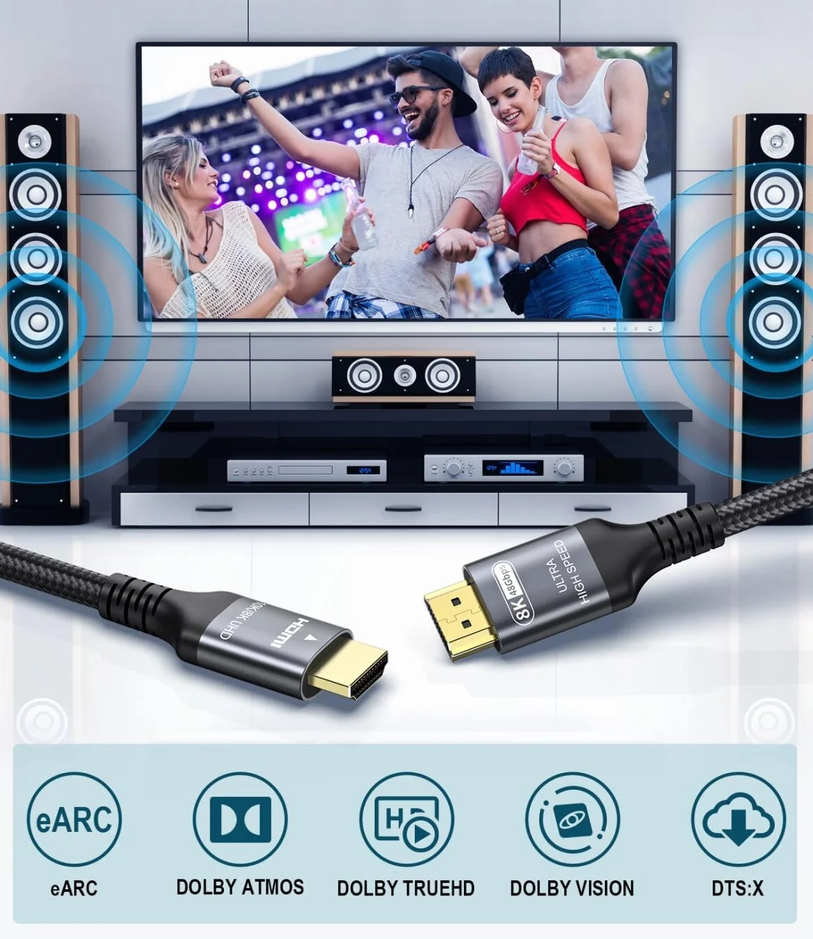 Certyfikowany 10K 8K Kabel HDMI 2.1 0.5M, 48Gbps Ultra Wysoka Prędkość Kabel HDMI Ethernet CEC 4K 240Hz 144Hz 120Hz 10K 8K 60Hz ARC eARC HDCP2.3 HDR10+ PC Laptop TV Monitor Projektor PS5 X-Box