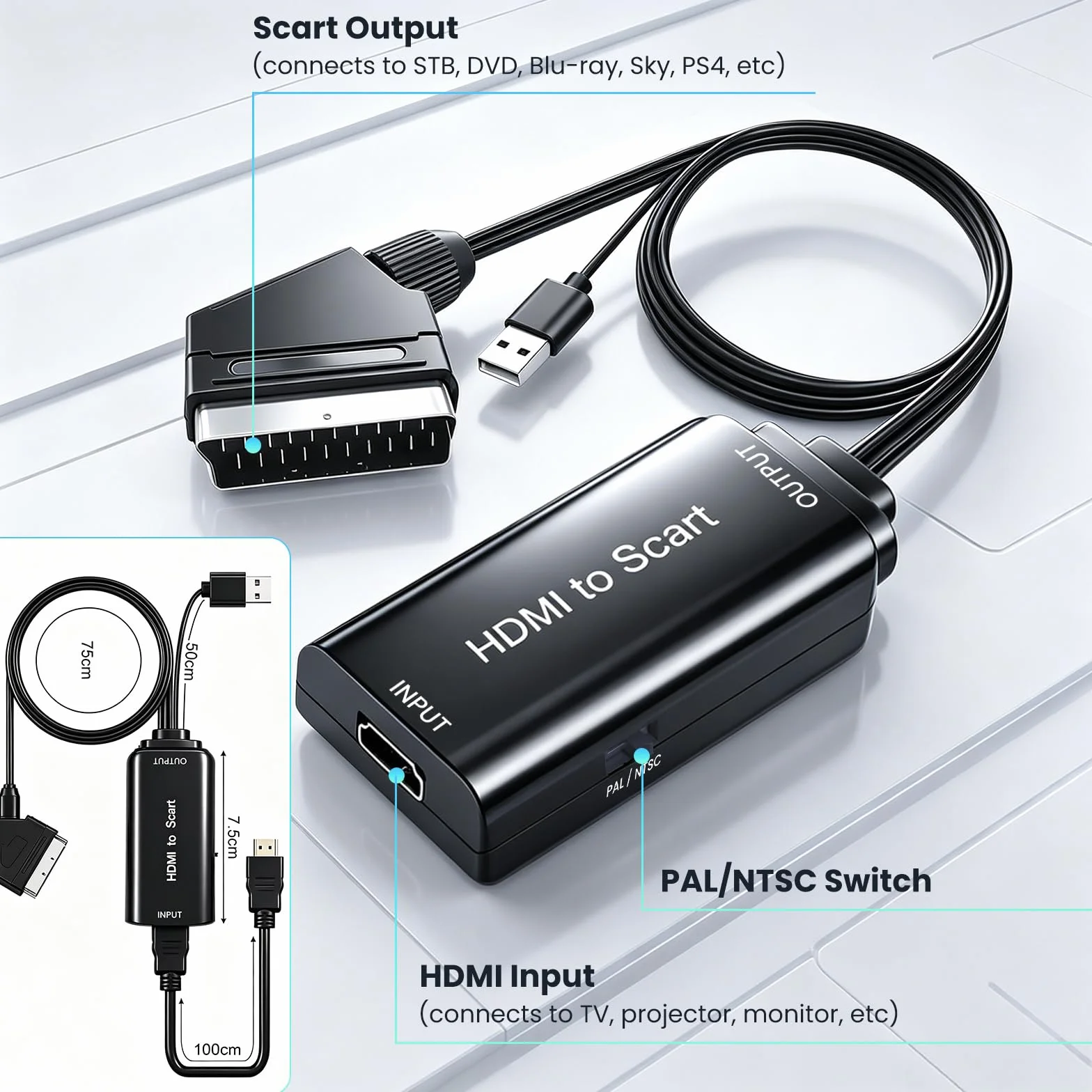 AMANKA Konwerter HDMI na Scart z Kablem - Adapter Full HD 1080P Video Audio do HDTV, STB, VHS, Xbox, PS3, Sky, DVD, Blu-ray