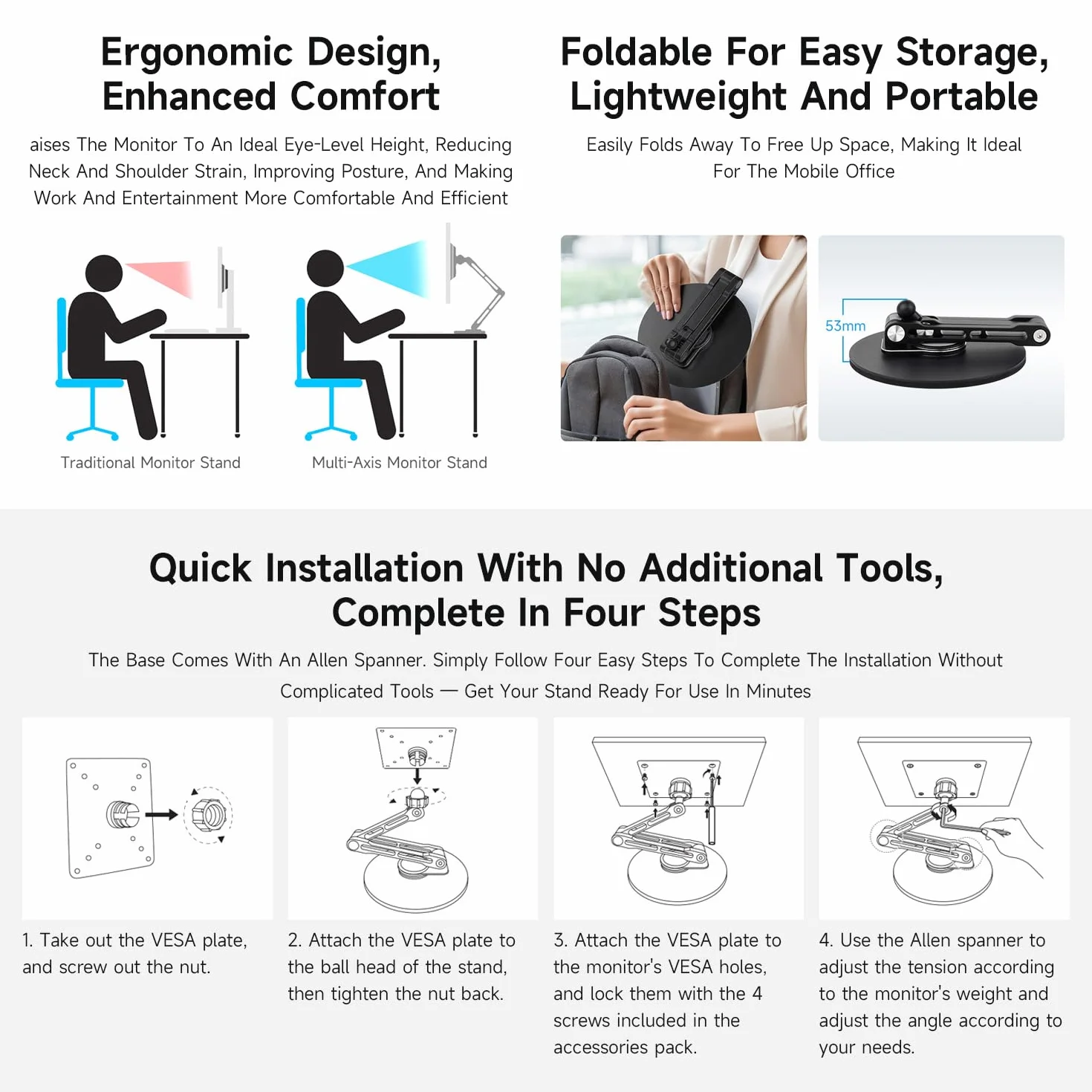 Waveshare VESA Portable Monitor Adjustable Stand, Compatible with Monitors Up to 19 Inches, Multi-Axis Rotation, Ergonomic Design with Weighted Base, Foldable for Easy Storage