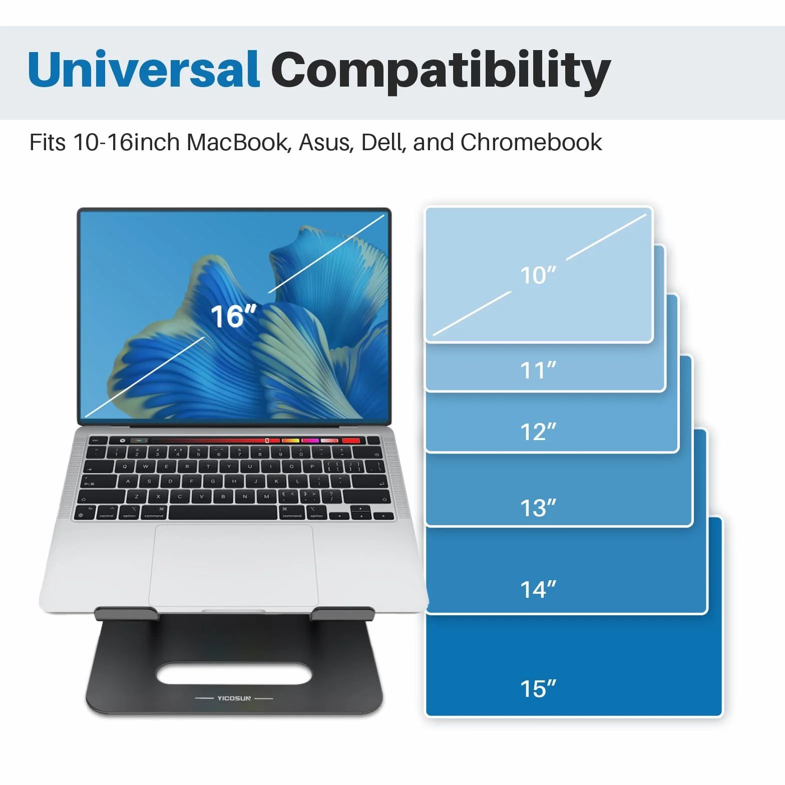 YICOSUN Regulowany stojak chłodzący na laptopa z 2 cichymi wentylatorami i oświetleniem RGB, stop aluminium i składana, ergonomiczna konstrukcja do MacBooka, Lenovo, ASUS, Dell 25-40.6 cm, idealny do