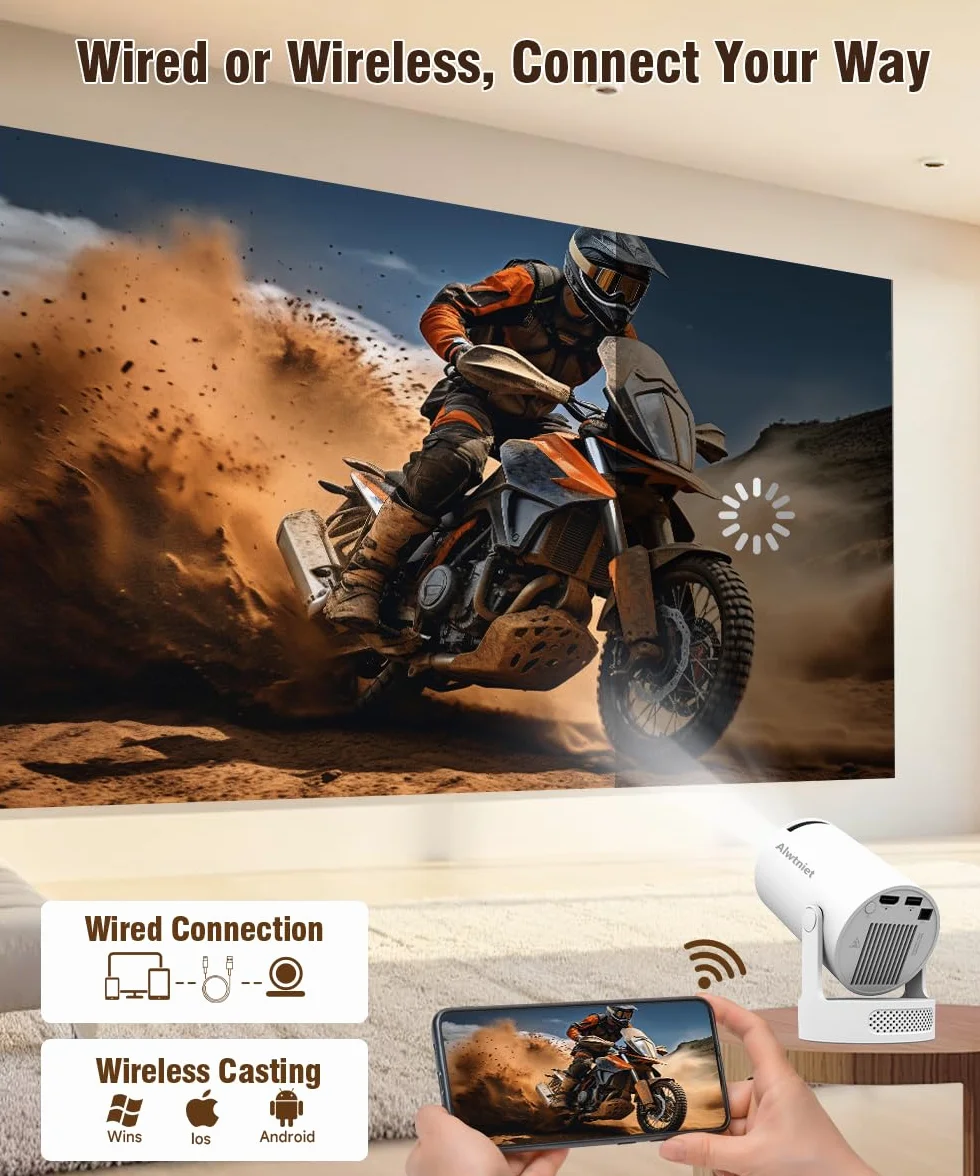 Alwtniet Mini projektor, 4K, Wi-Fi 6 i Bluetooth 5.4, głośnik 5 W, automatyczna korekcja trapezu, obracany o 180°, przenośny do domu i na zewnątrz, z systemem Android