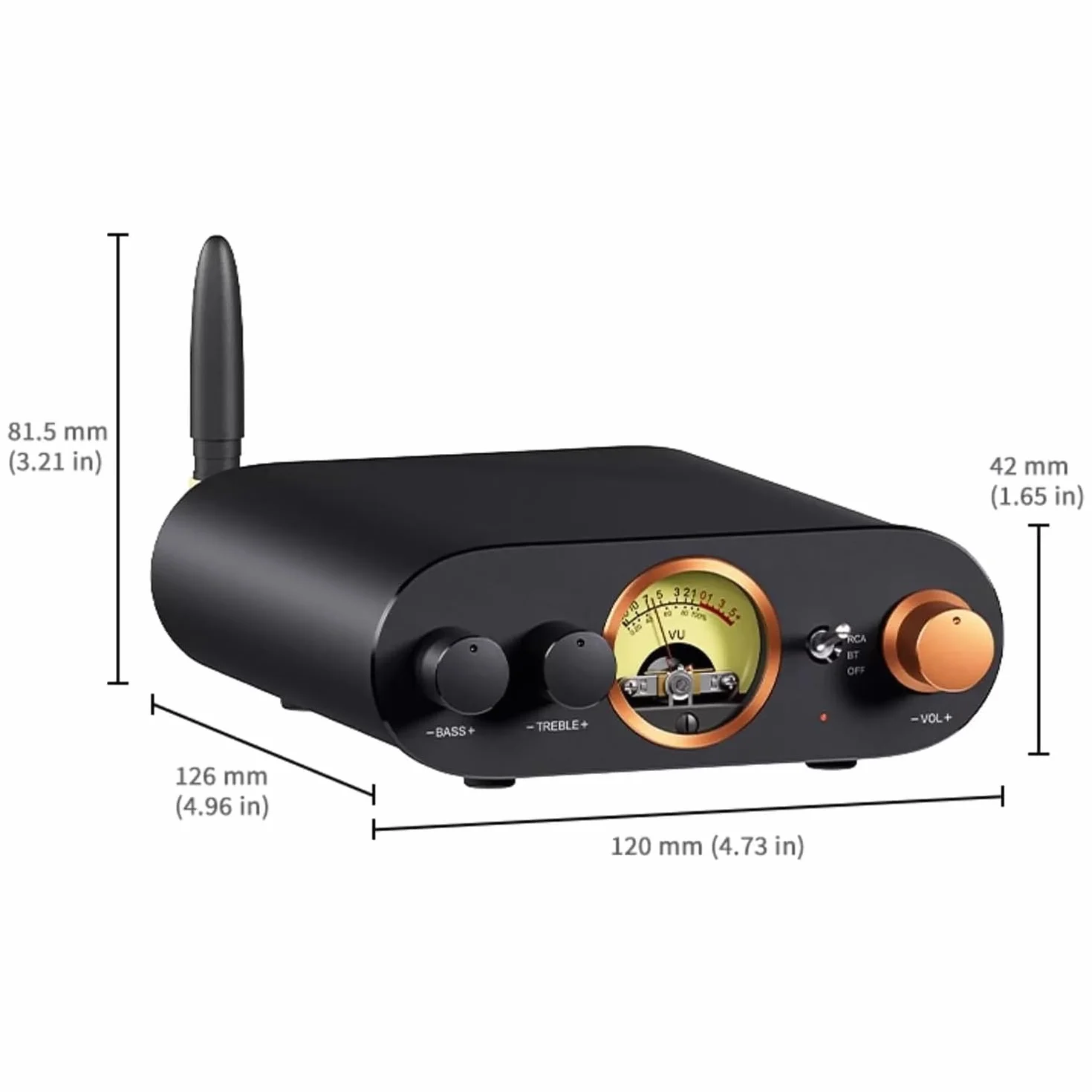 Wzmacniacz stereo Bluetooth, 2-kanałowy odbiornik HiFi z miernikiem VU i regulacją tonów niskich do głośników pasywnych