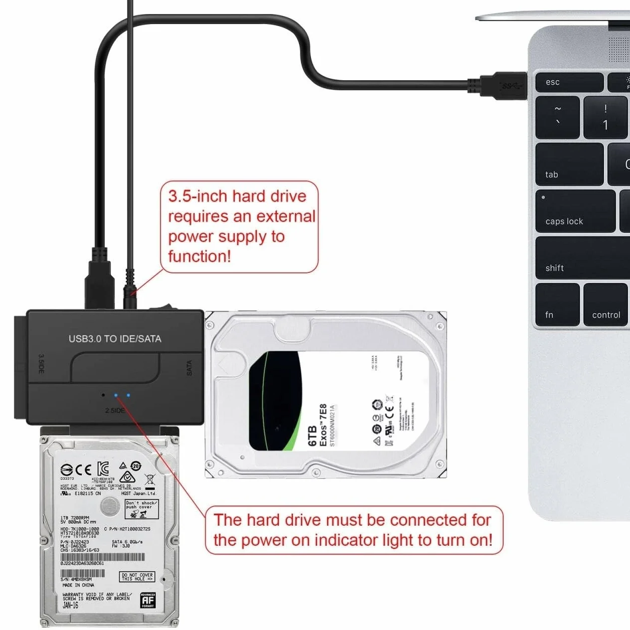 Czytnik dysków twardych USB 3.0 na SATA IDE, zewnętrzny dysk twardy Ultra Recovery Converter Uniwersalny zestaw adapterów do dysku twardego 2,5/3,5 HDD/SSD, zawiera zasilacz 12 V/2 A