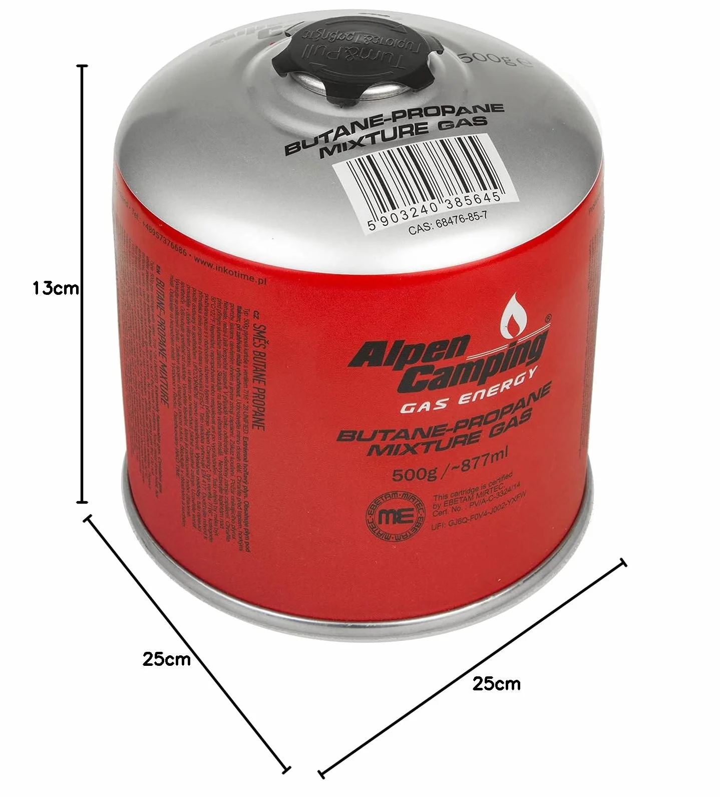 Alpen Camping kartusz gazowy 500g propan-butan -10°C do +40°C zawór 7/16"