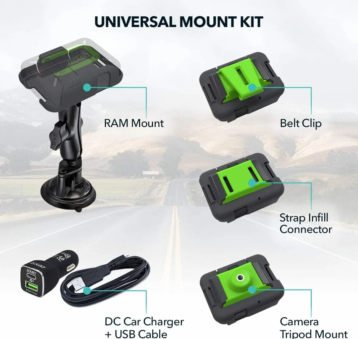 ZOLEO Uniwersalny zestaw akcesoriów montażowych, w tym RAM uchwyt na przyssawkę Twist-Lock, ładowarka samochodowa DC z kablem USB i 3 wkładkami - klips do paska, złącze do paska i uchwyt na statyw do aparatu