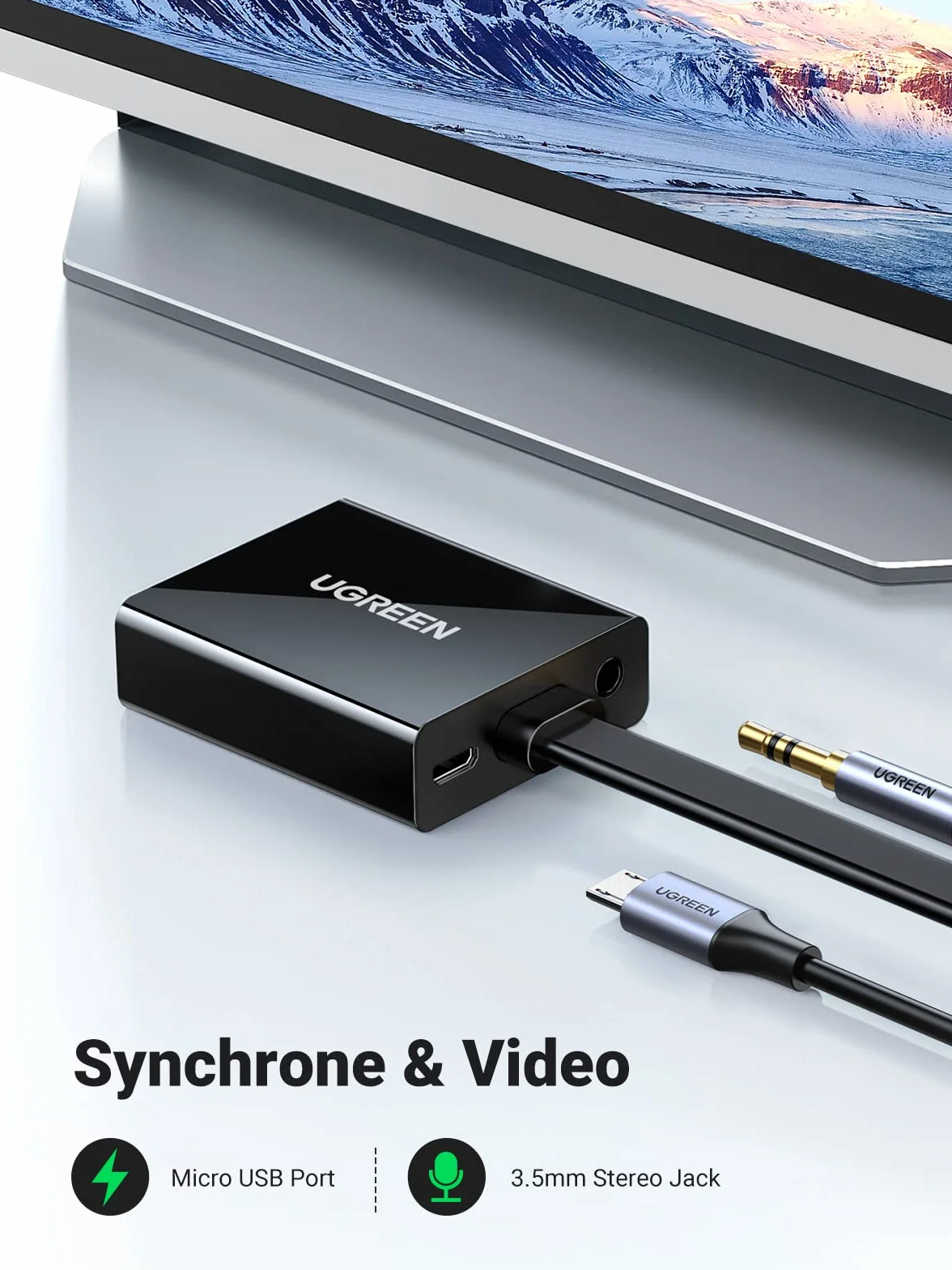 UGREEN Adapter HDMI na VGA, 1080P, HDTV, aktywna transmisja audio, kabel konwerterowy, obsługuje komputer PC, laptop, Chromebook, Raspberry Pi, czarny