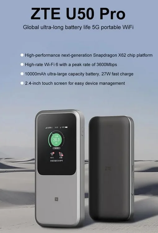 ZTE U50 Pro 5G przenośny router hotspot WiFi 6 3600 Mbps z gniazdem na kartę SIM, 10000 mAh, 27 W, szybkie ładowanie