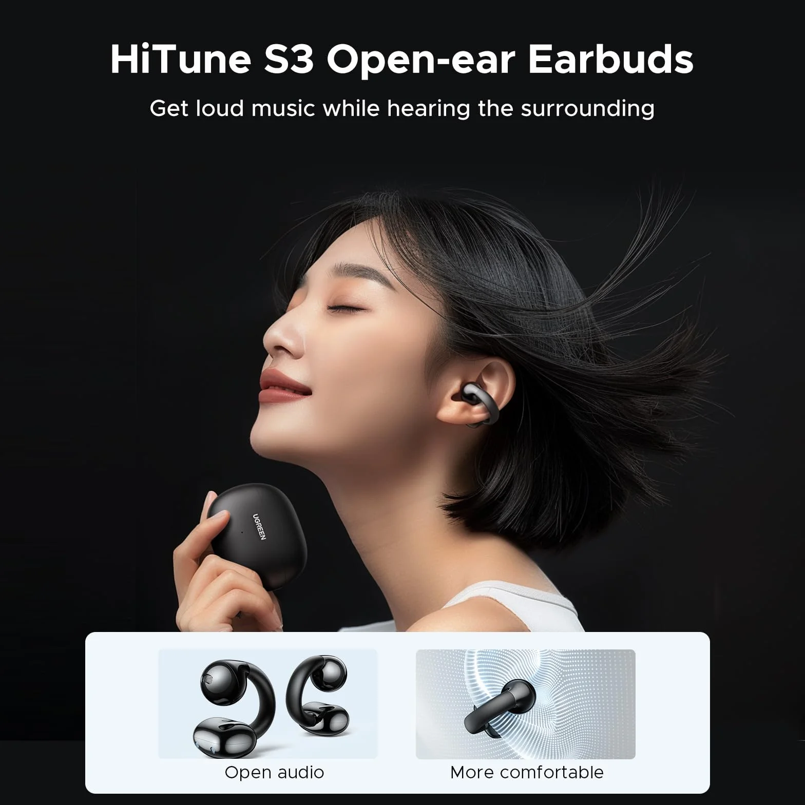 UGREEN HiTune S3 Open Ear Słuchawki, Bluetooth tylko 5,2g | Bluetooth z ENC do rozmów, Głęboki bas, 30h odtwarzania, USB-C szybkie ładowanie i IPX5 wodoodporność