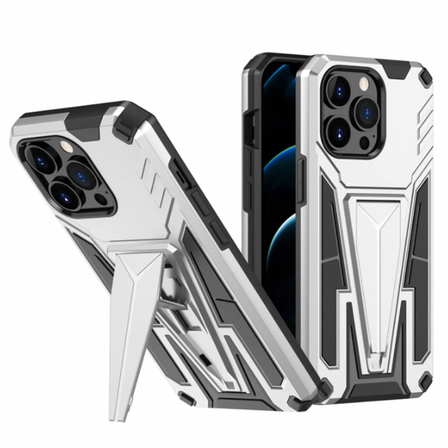 Etui do iPhone 13 Pro Max/13 Pro/13/13 mini, odporne na wstrząsy twardy tylny zderzak silikonowy pokrowiec ochronny z podpórką, kompatybilny z magnetycznym uchwytem samochodowym, srebrny, 13 Pro 6,1"