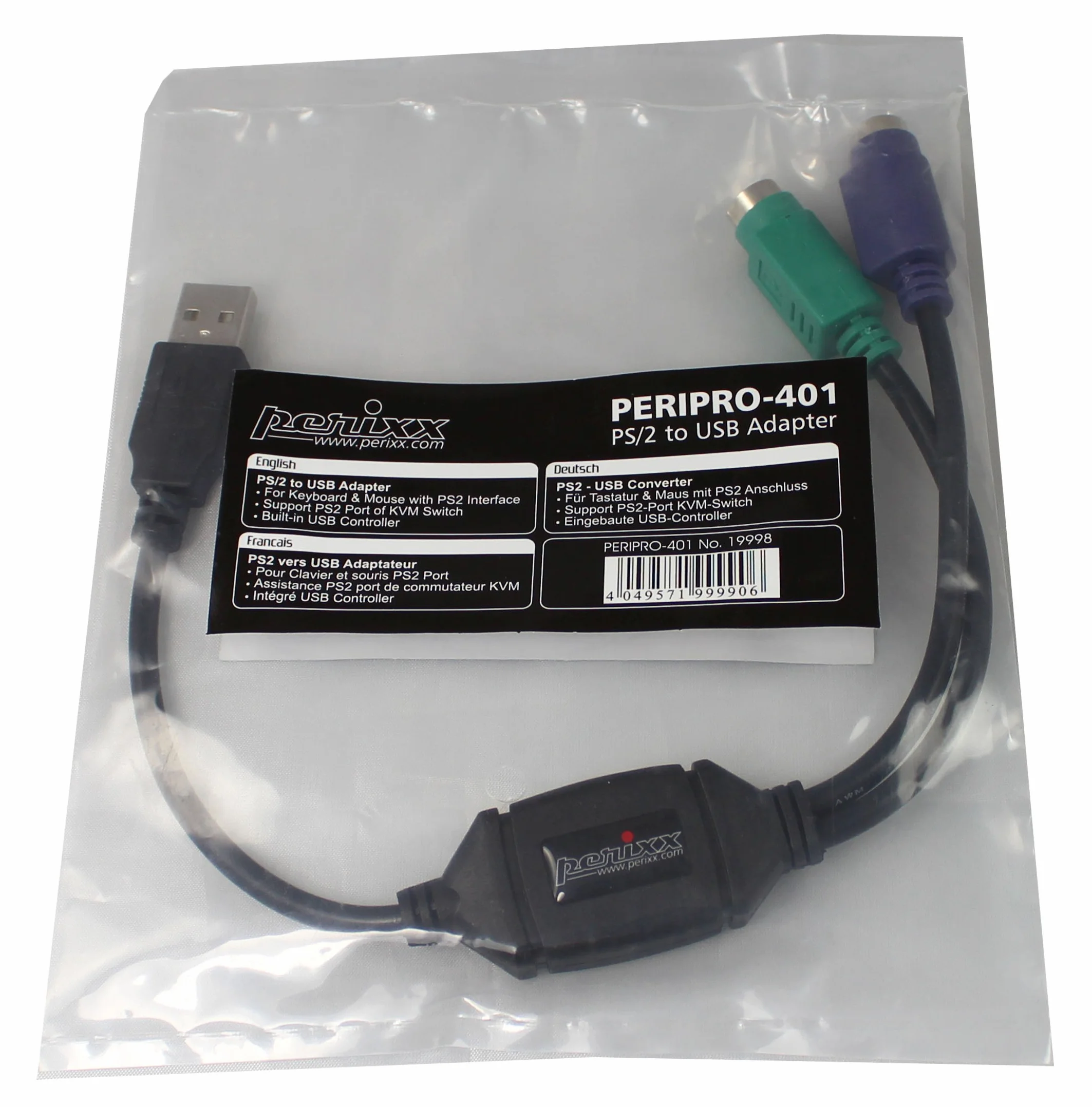 Adapter Perixx PERIPRO-401 PS2 na USB – do klawiatury i myszy z interfejsem PS2, zintegrowany USB-IC