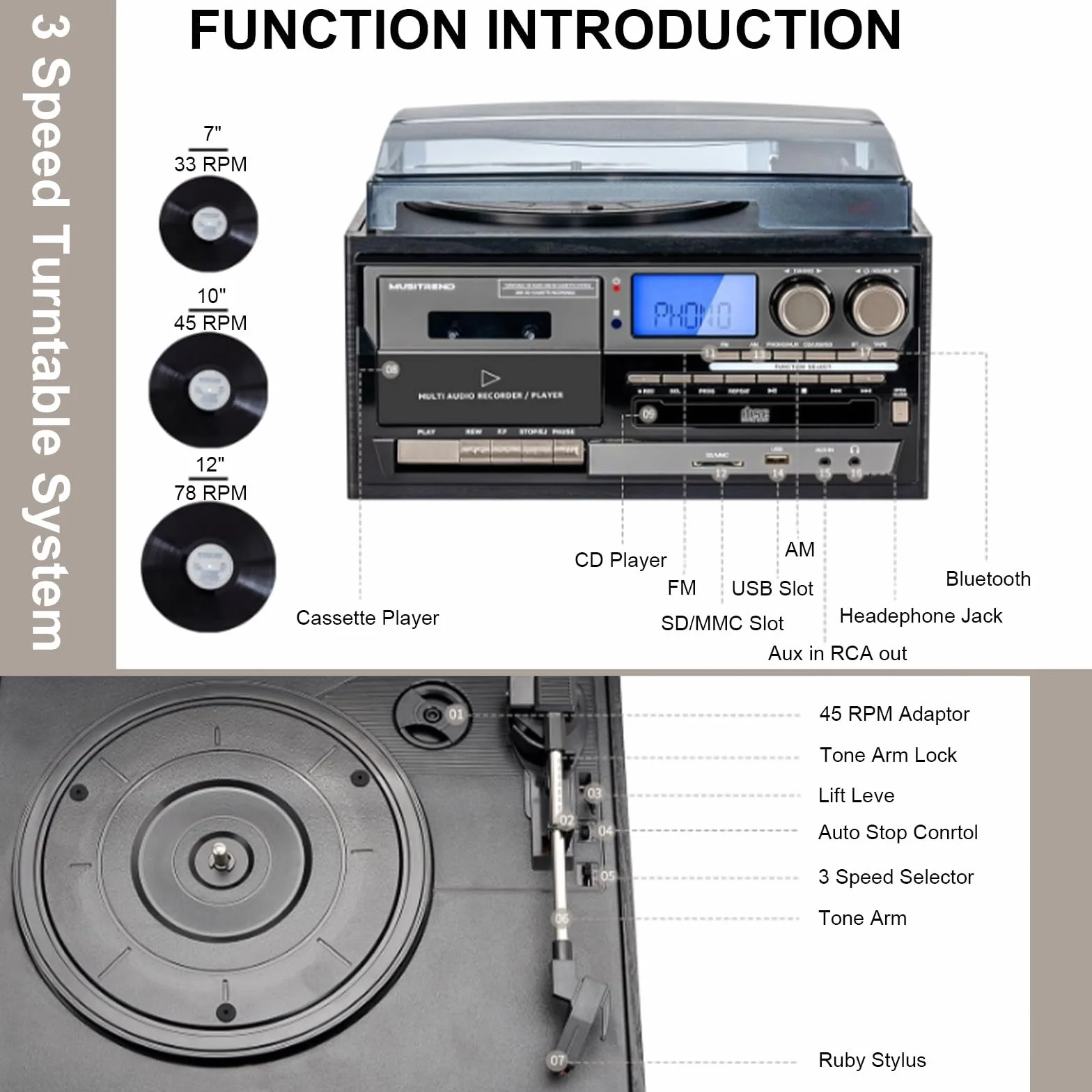 Gramofon winylowy, 9 w 1, gramofon vintage, 3-biegowa automatyczna do domowej rozrywki, odtwarzacz muzyki LP w stylu retro, system audio z wbudowanymi głośnikami