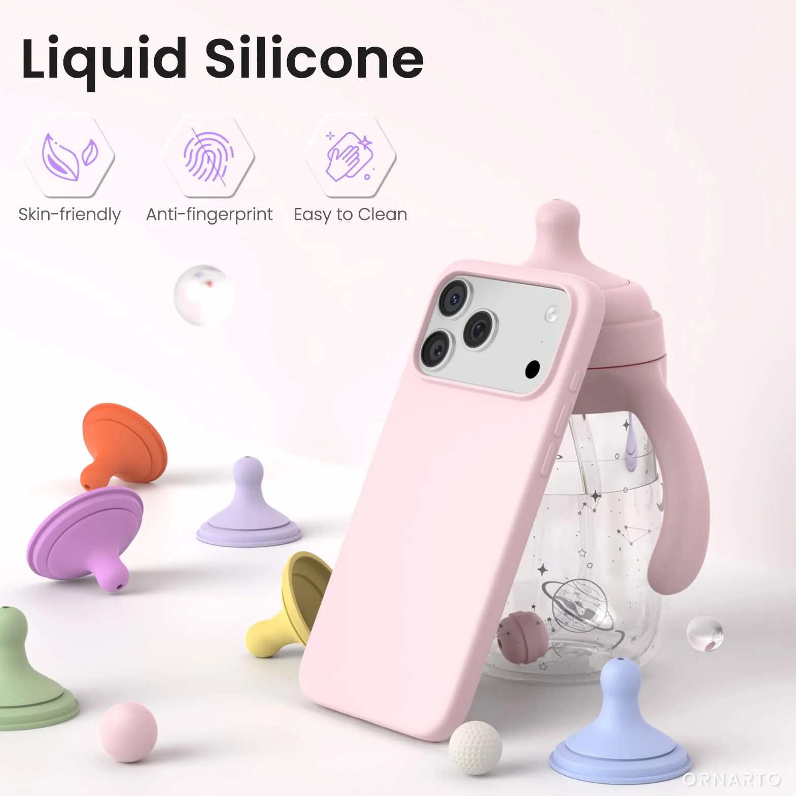 ORNARTO Etui kompatybilne z iPhone'a 17 Pro Max 6.9", smukłe, płynne silikonowe, 3 warstwy, w pełni pokryte, miękkie żelowe gumowe etui na telefon 17 Pro Max 6.9" - kredowo różowy