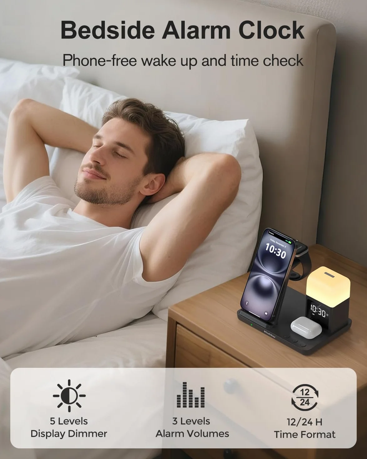 Bezprzewodowa stacja ładująca budzik z 8 dotykowymi lampkami nocnymi: bezprzewodowa ładowarka 5 w 1 do urządzeń Apple - stacja ładująca do iPhone'a 17 16 15 14 13 12 Pro Max Plus/Apple Watch/AirPods