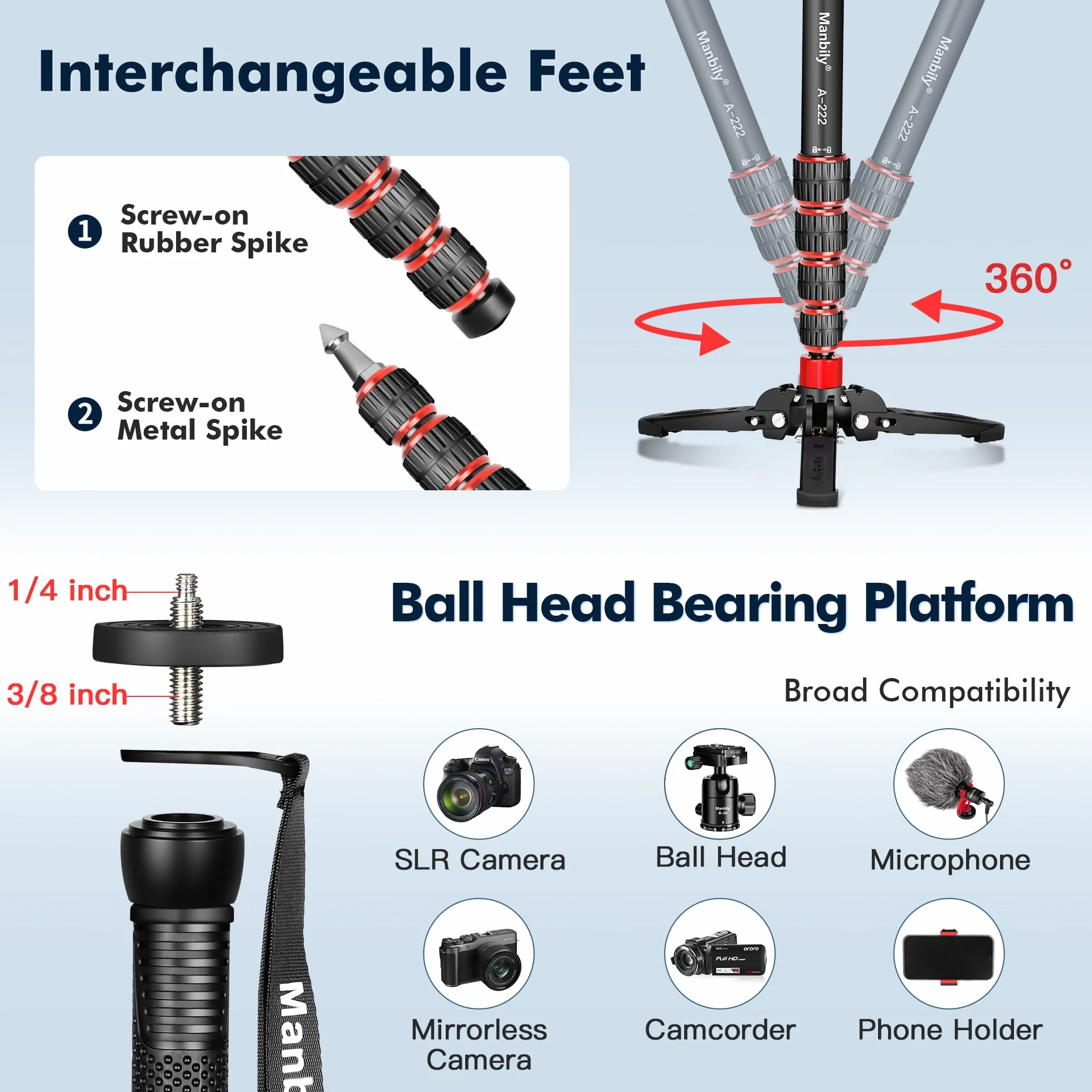 Manbily Wysuwany aluminiowy monopod z nóżkami, przenośny monopod podróżny ze zdejmowaną podstawą statywu do kamery wideo DSLR Canon Nikon Sony, 5 sekcji, do 170 cm, maksymalne obciążenie 7 kg (A-222)