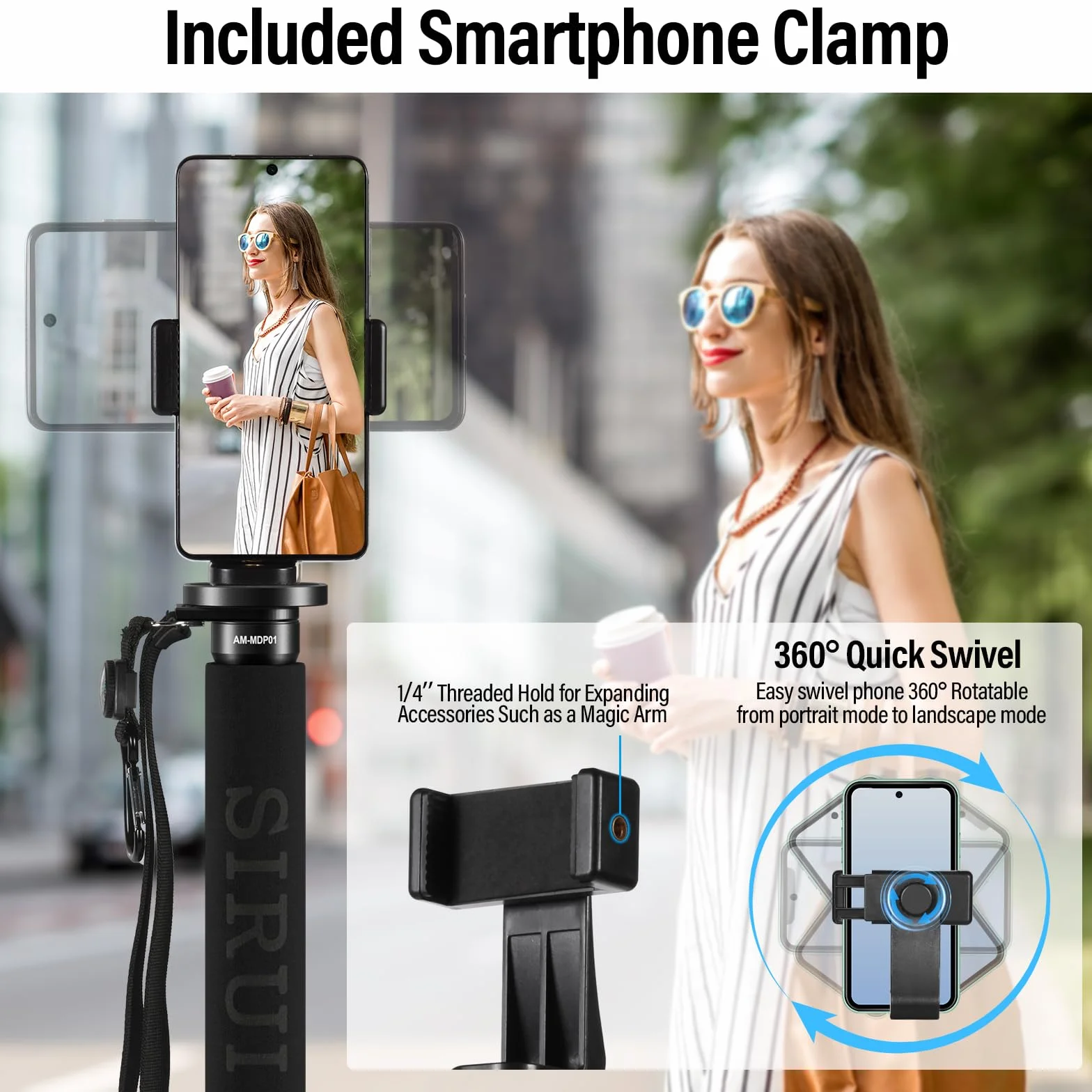 SIRUI Monopod z włókna węglowego do aparatu, kompaktowy, lekki monopod do podróży, 6 sekcji, obciążenie 10 kg, w zestawie uchwyt na telefon (AM-MDP01)