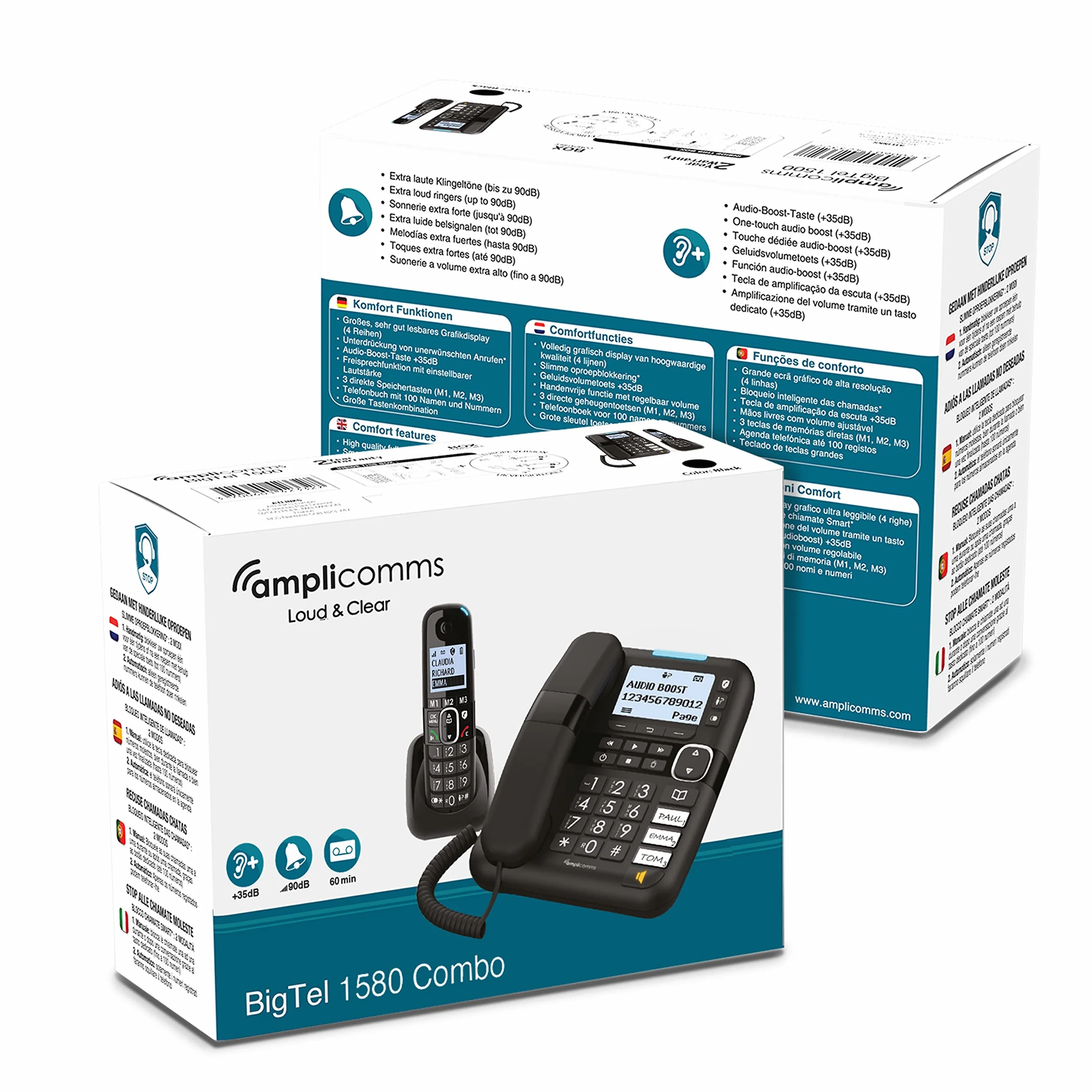 Amplicomms BigTel 1580 Combo, telefon przewodowy z dużymi przyciskami z automatyczną sekretarką i słuchawką bezprzewodową, wzmocnienie dźwięku, mocne dzwonki, kompatybilny z aparatami słuchowymi