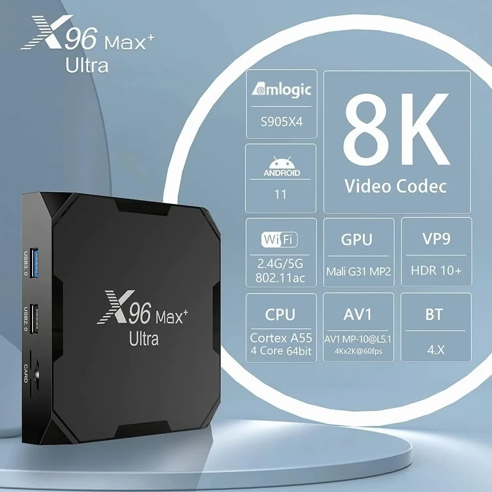 X96 Max Plus Ultra TV Box Android 11 Amlogic S905X4 4 GB 32 GB Obsługa AV1 8K Dual WiFi BT Obsługa klawiatury i8 Czarny