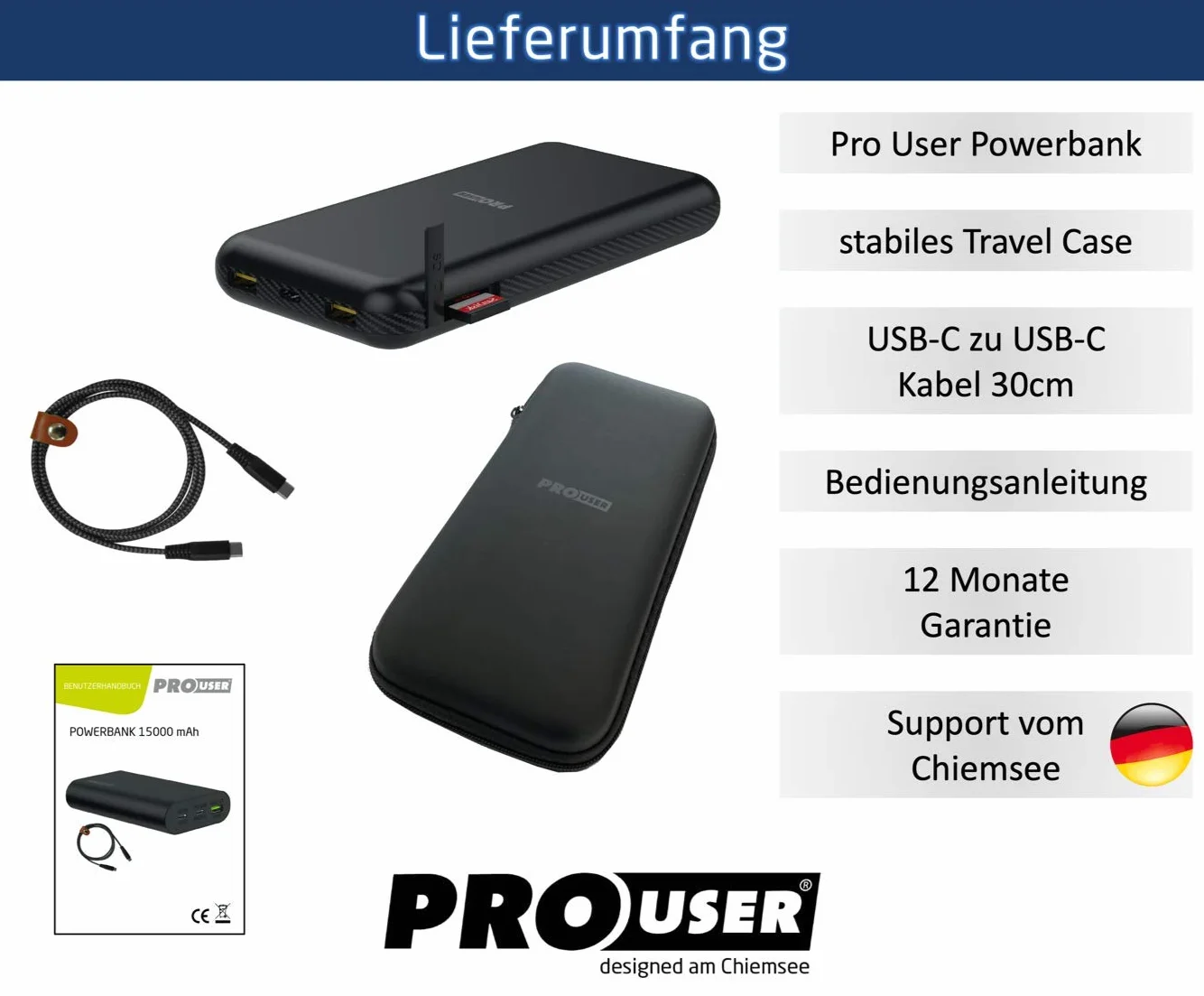 Pro User Powerbank 3 w 1 + USB HUB + czytnik kart SD; akumulator o wysokiej wydajności 20 000 mAh: 30 W USB-C Power Delivery Plus 2 x 18 W USB-A, w zestawie kabel USB i etui podróżne: ładowanie