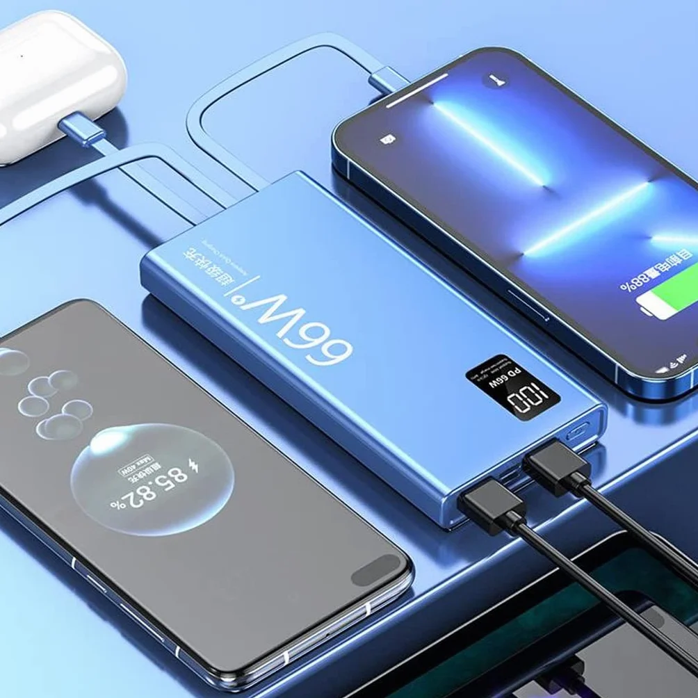 JJJ Super szybkie ładowanie 66 W, ultracienka, zamknięta linia, powerbank o dużej pojemności, 20000 mAh, ładowanie flash, mobilny zasilacz (kolor: niebieski, rozmiar: 20000 mAh)