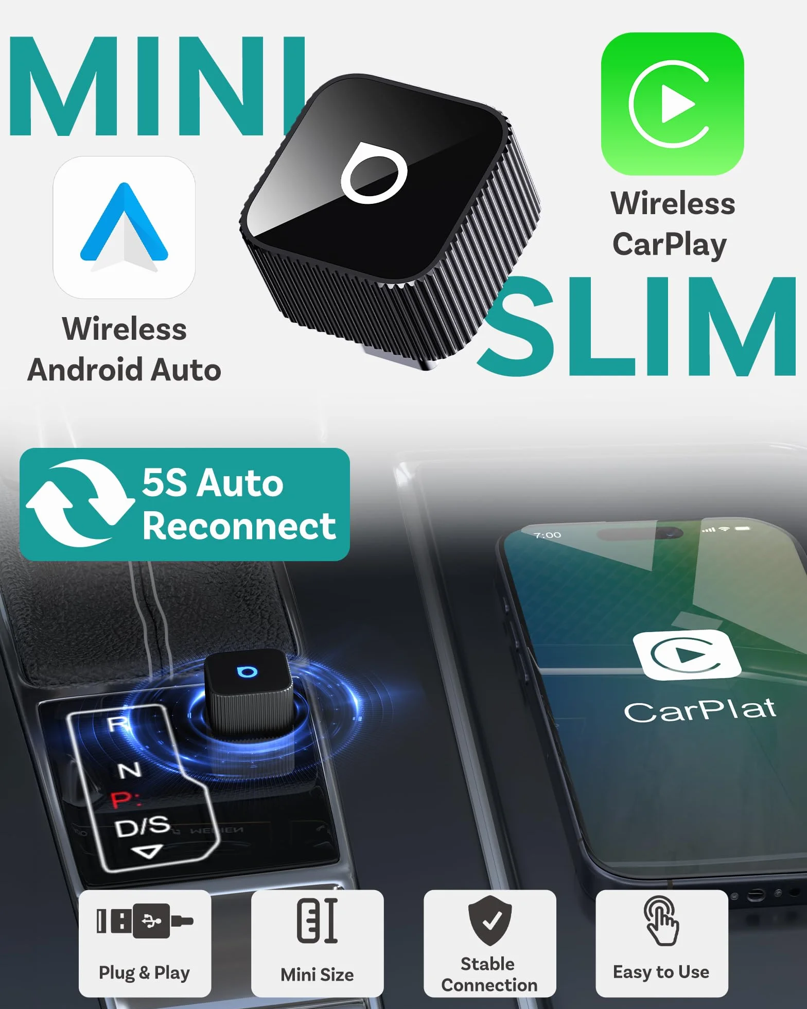 OTTOCAST Mini Slim 2026, bezprzewodowy adapter CarPlay i Android Auto Adapter, przewodowy CarPlay i Android Auto do bezprzewodowego, szybkie automatyczne połączenie, kompaktowy klucz USB C, czarna