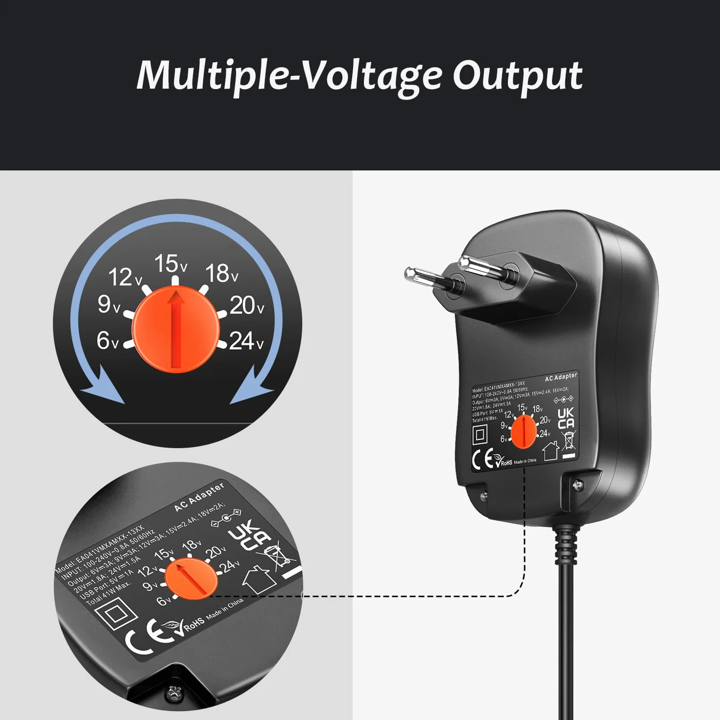 Zolt 41 W Uniwersalny zasilacz AC na DC 6 V 9 V 12 V 15 V 18 V 20 V 24 V 1 A 1,5 A 2 A Przełączanie zasilania z portem USB 5 V 1 A i 10 złączami DC do urządzeń elektronicznych