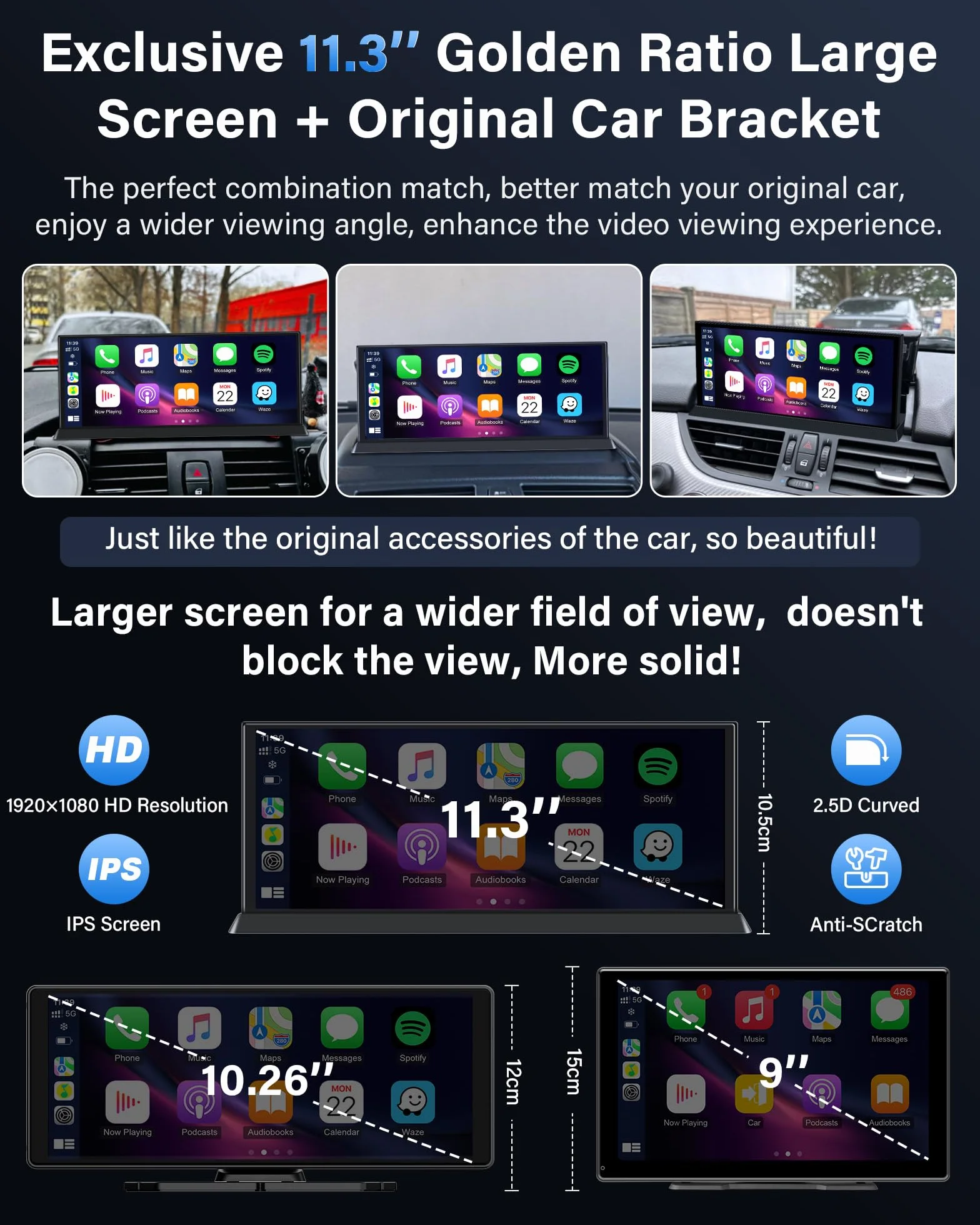 11,3 cala ekran samochodowy z Androidem samochodem z uchwytem, obracany o 350° 4K ekran samochodowy bezprzewodowy podwójny Bluetooth Siri G-oogle