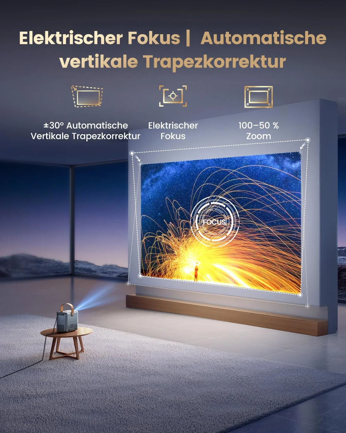 Mini projektor 4K [Netflix Official|Dolby Audio] inteligentny projektor z WiFi6 2-drożny Bluetooth Full HD 1080p, elektryczna ostrość, pionowa korekcja trapezu, projektor z krótką odległością