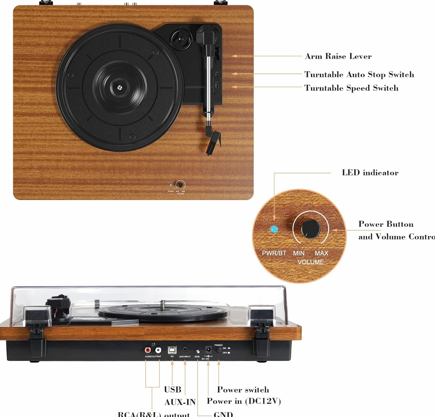 Gramofon winylowy Bluetooth z głośnikami stereo i USB, wyjście odtwarzacza na RCA, gramofon w kolorze drewna do rozrywki domowej