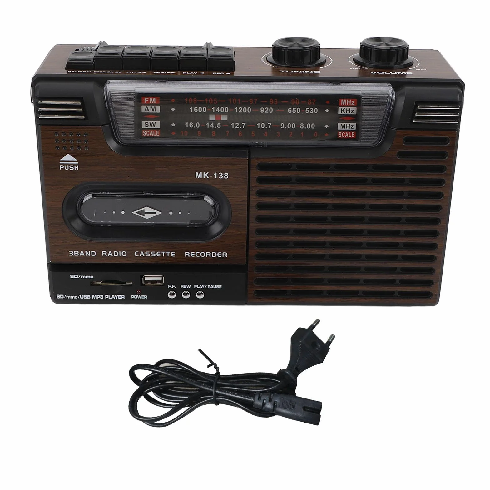 Przenośny Odtwarzacz Kasetowy, Magnetofon Radiowy Retro AM FM SW Boombox z Gniazdem Karty Pamięci USB Gniazdo Słuchawkowe, do Drewna Samochodowego, na Baterie lub na Prąd (wtyczka UE)