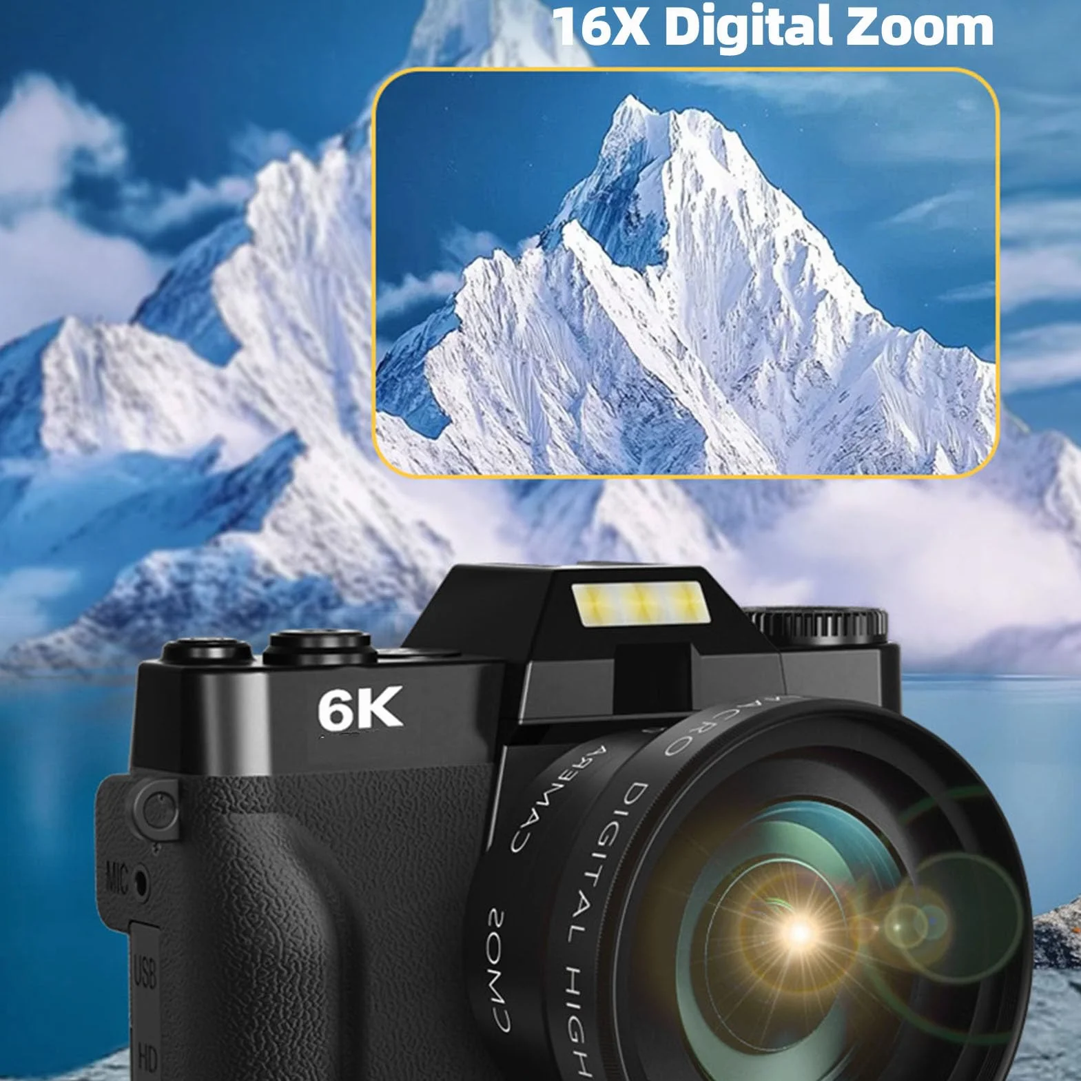 Tosuny 6K Retro Aparat Cyfrowy 64MP z 16x Zoom i 180 ° Ekran Klapki do Vloggowania, Automatycznego Ogniska, Wi -Fi, LED Napełniania światła, Zwolnionego Tempa i Ciągłego Strzelania (BLACK)