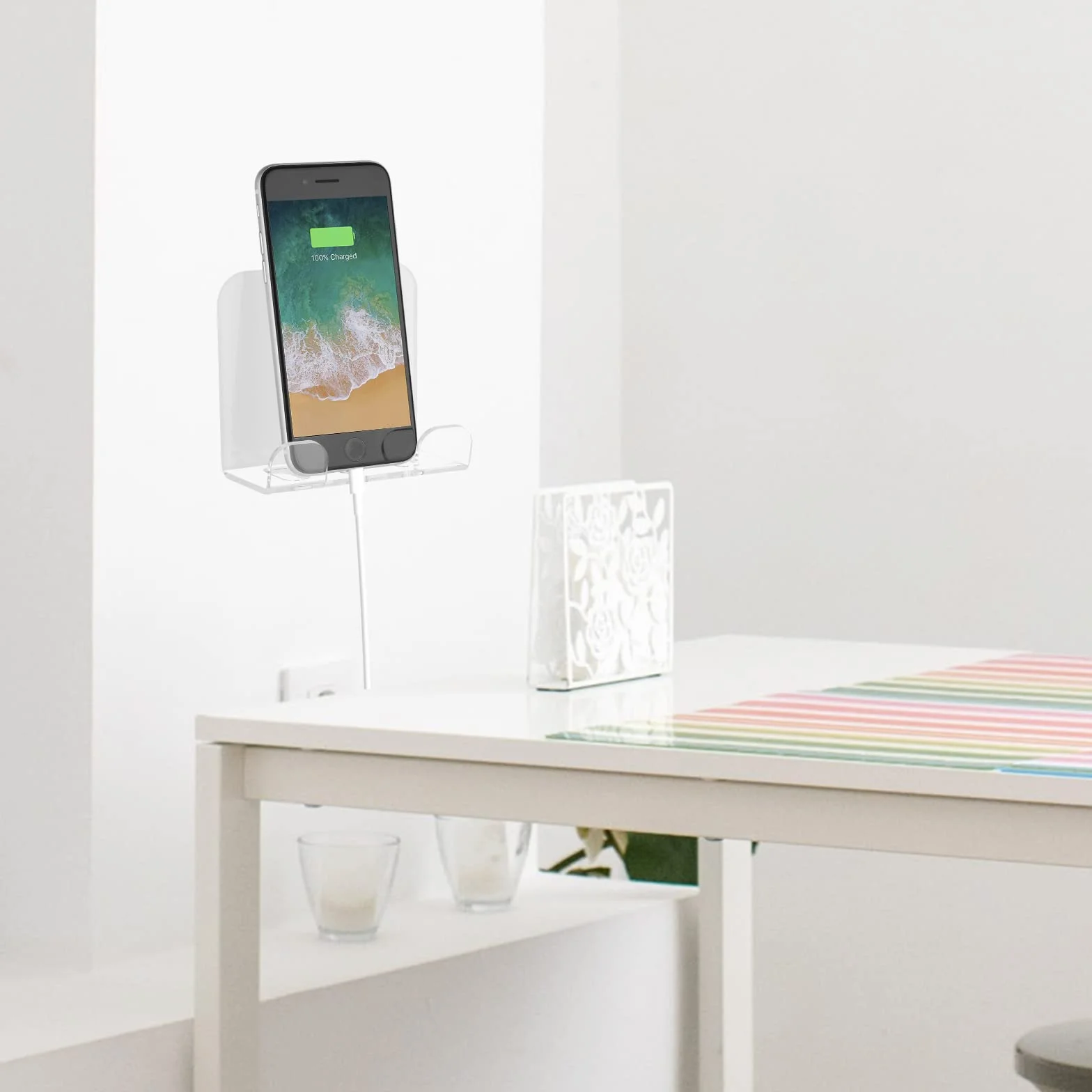 Cosmos Uchwyt ścienny na telefon, stojak do ładowania smartfona, stojak ścienny, organizer przy łóżku, uchwyt do przechowywania, kompatybilny z większością telefonów i mini tabletów, do domu, biura