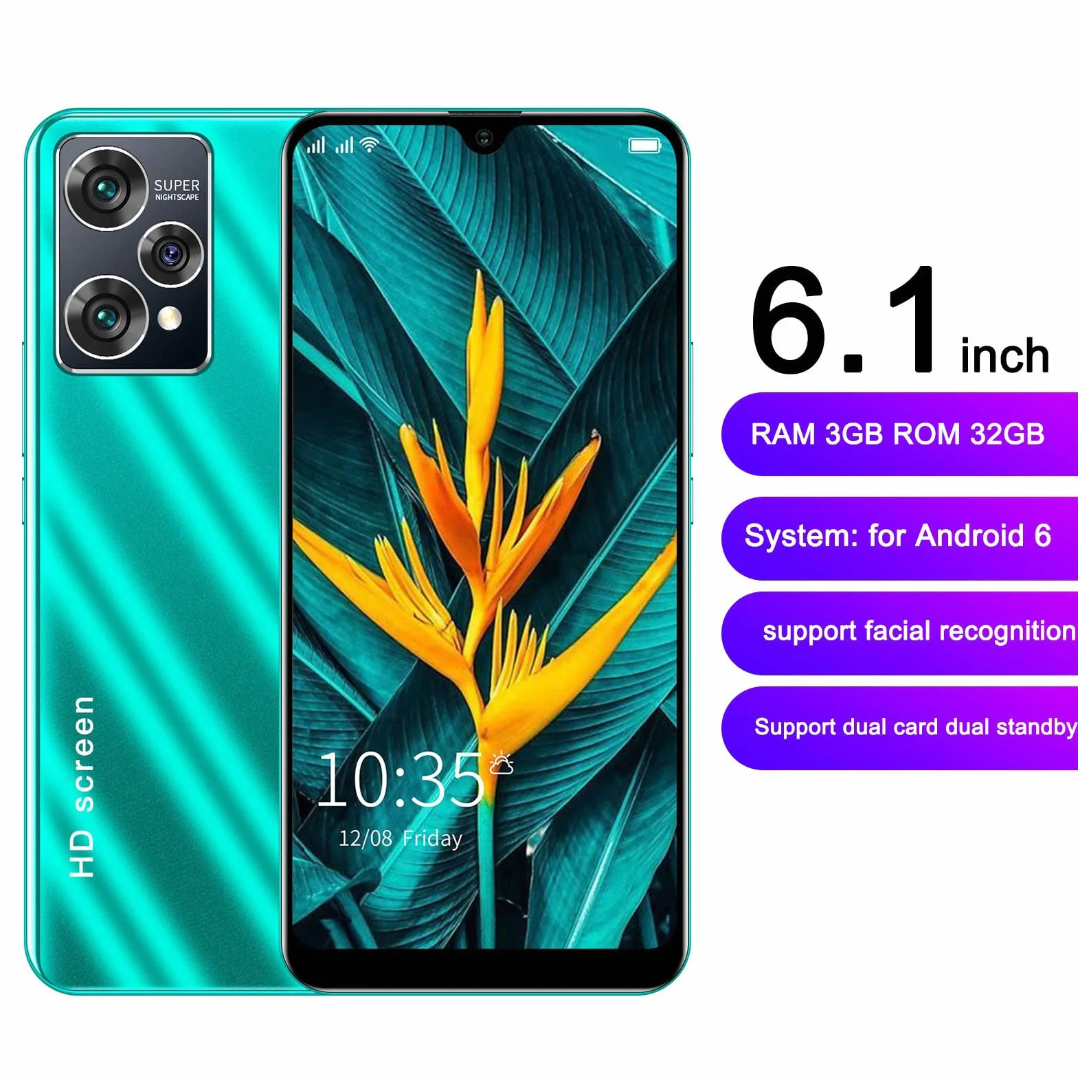 6,1-calowy smartfon z Androidem 6, 3 GB RAM 32 GB ROM, 5 MP z przodu, 8 MP z tyłu, podwójna karta Dual Standby, bateria 2800 mAh, rozpoznawanie twarzy Ultra cienki telefon komórkowy(Green)