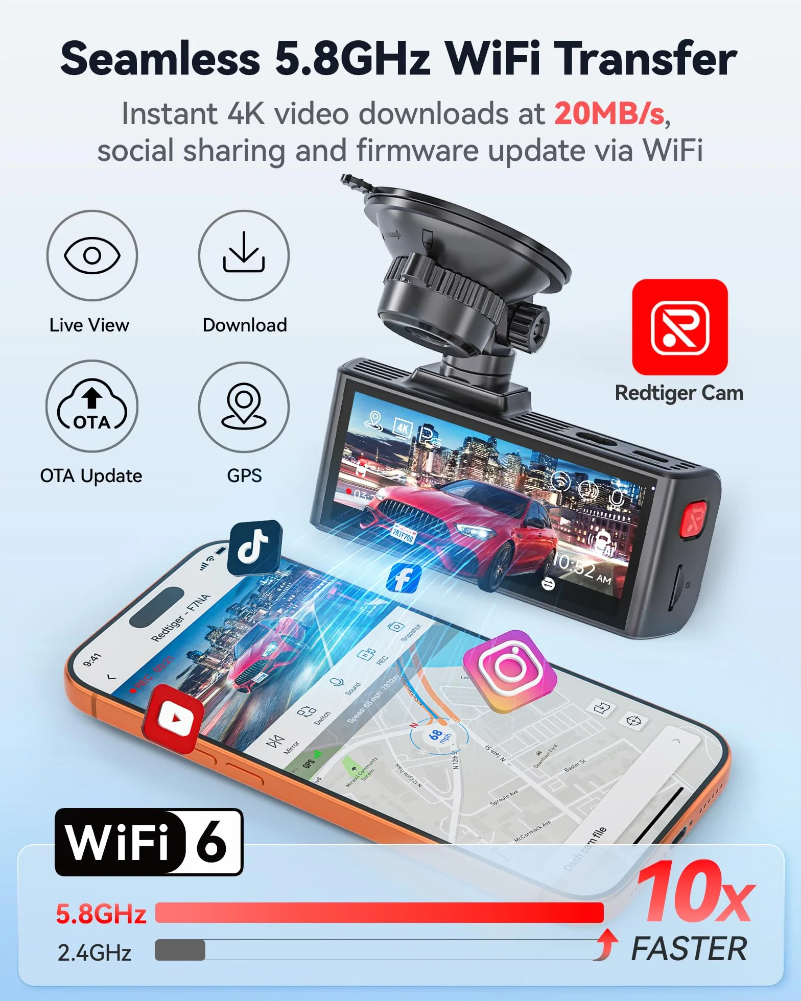 REDTIGER F7NA Podwójna kamera samochodowa 4K, STARVIS 2 IMX678, 8 MP, 5 GHz WiFi (szybkie pobieranie 20 MB/s), 4K przód 1080P z tyłu, GPS, sterowanie głosowe, WDR, noktowizor HDR, tryb parkowania 24H
