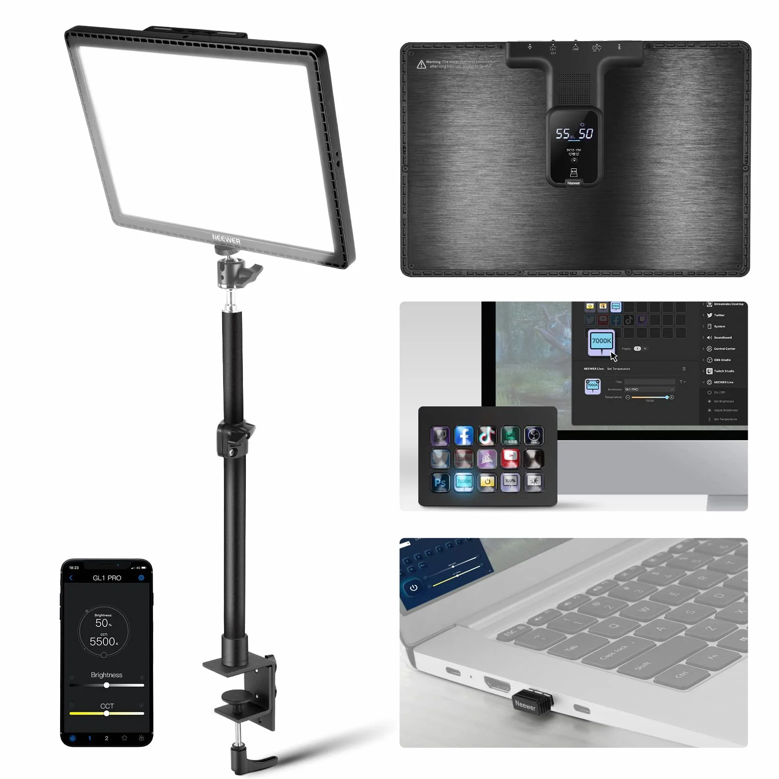 NEEWER GL1 PRO 15,5" Key Light do strumieniowego przesyłania i wideo, sterowanie 2,4 G do PC/Mac, iOS i Android, 2800 lumenów, profesjonalny panel LED Studio kompatybilny z Elgato Stream Deck do gier