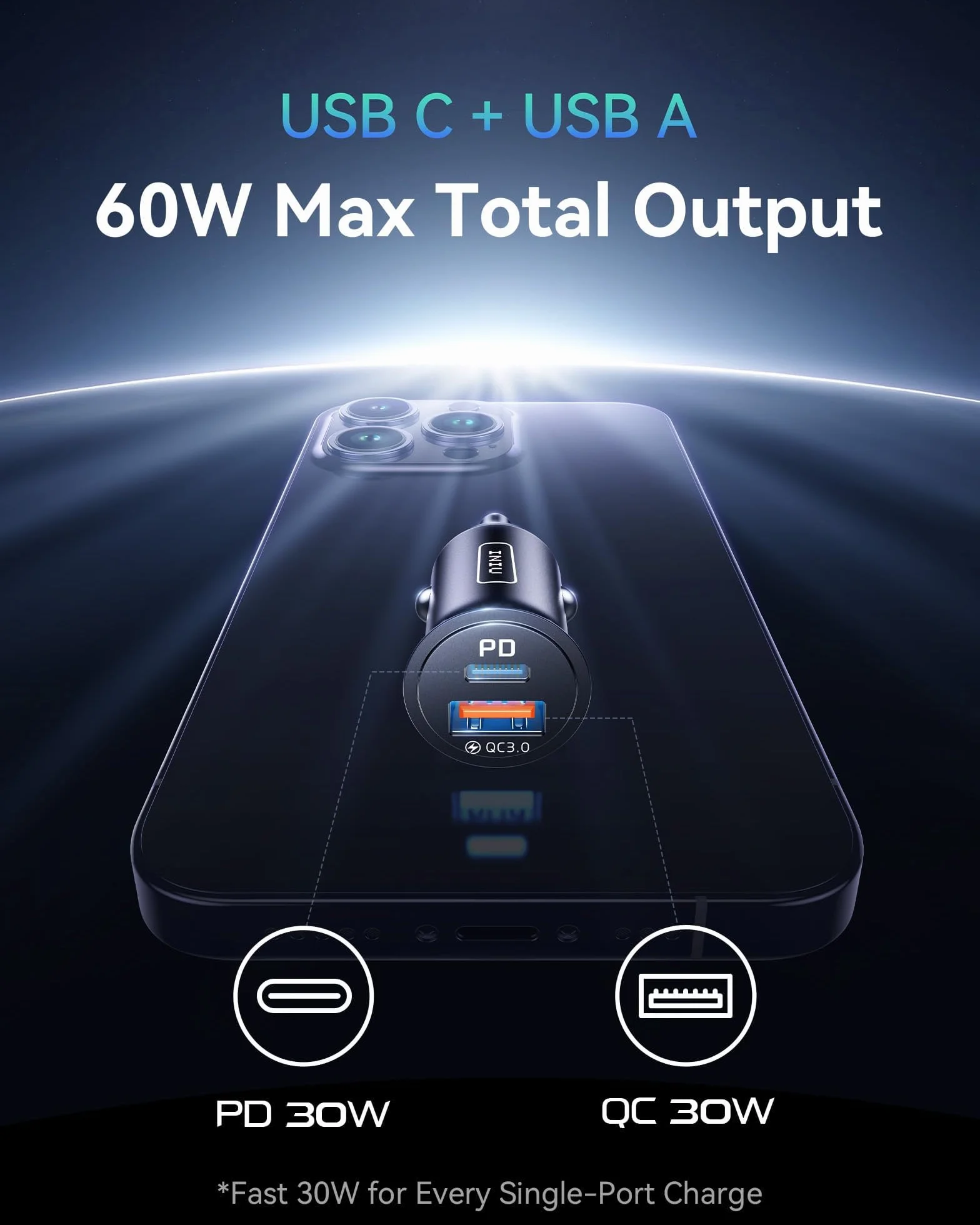 INIU Ładowarka samochodowa, ładowarka USB do zapalniczki samochodowej łącznie 60 W [USB C 30 W+USB A 30 W] gniazdo USB 12 V, szybkie ładowanie PD3.0 ładowarka samochodowa metalowy adapter do iPhone'a
