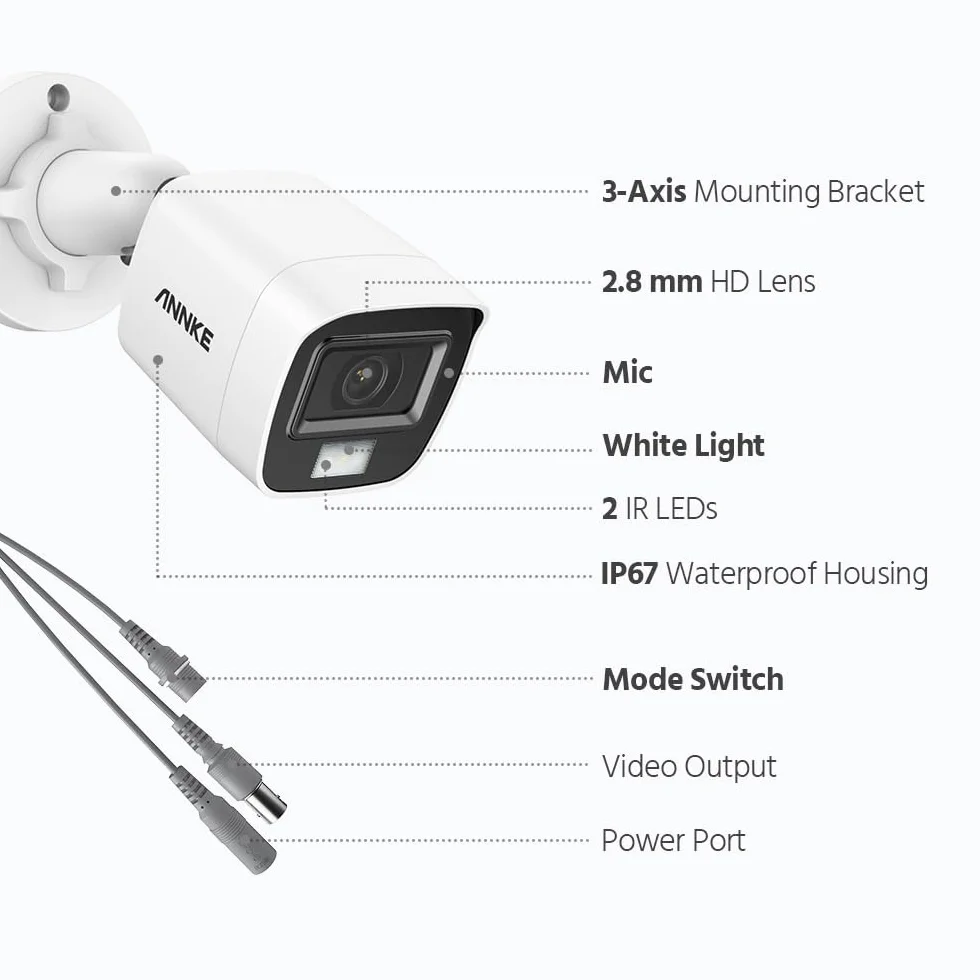 ANNKE 4 x kamera bezpieczeństwa 3K z kablem, inteligentna podwójna lampka TVI z dodatkowym aparatem CCTV do użytku na zewnątrz z wbudowanym mikrofonem i noktowizorem kolorów, IP67 Bullet kamera do