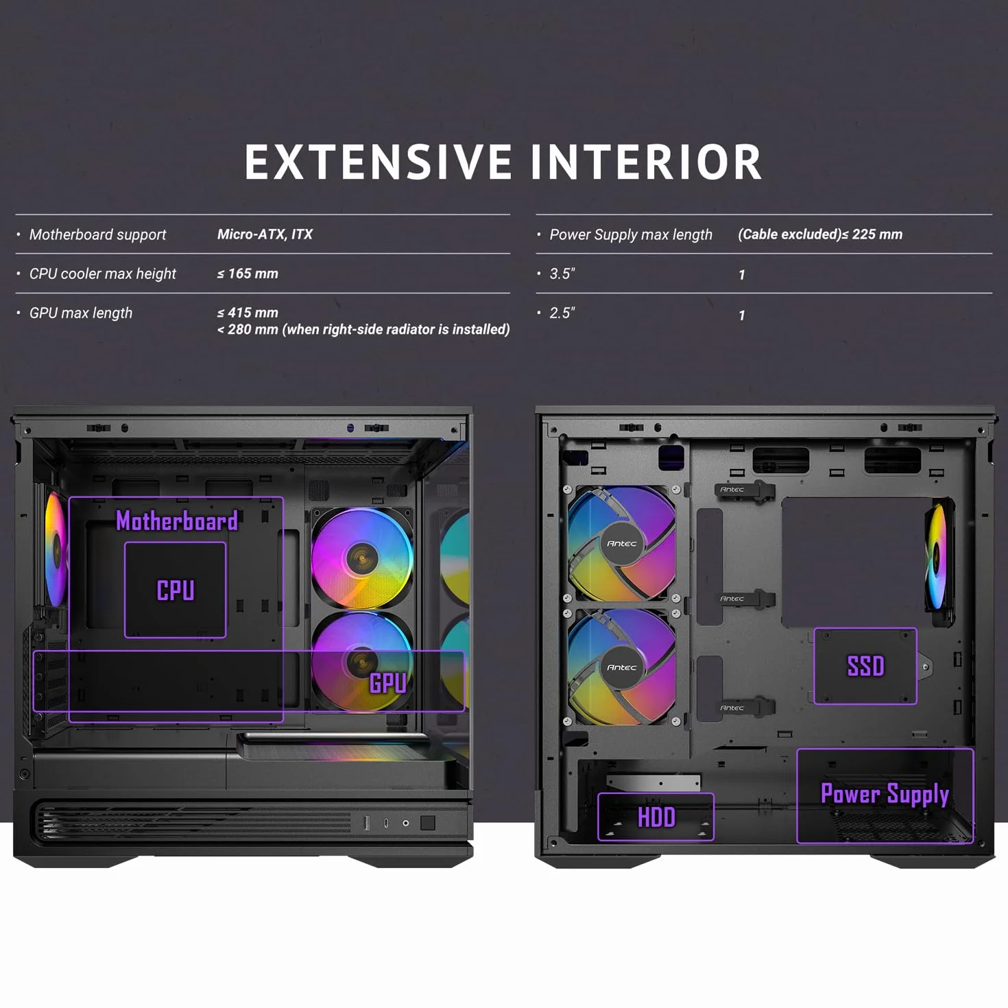 Antec C2M ARGB, kompaktowa obudowa MicroATX, panoramiczne szkło hartowane, wysoki przepływ powietrza, 3 wentylatory PWM ARGB w zestawie, obsługa chłodnicy 360 mm i procesor graficzny 415 mm, typ C 10