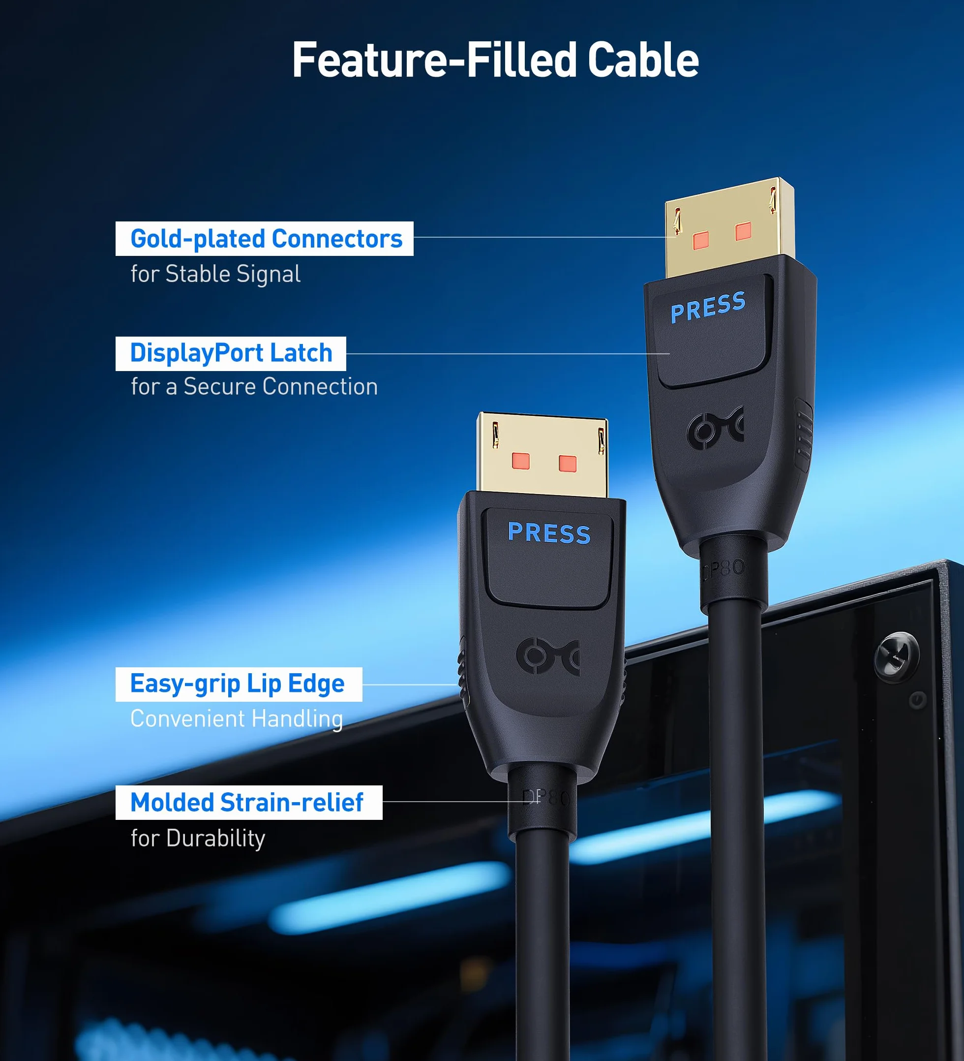 [Certyfikat VESA] Cable Matters kabel DisplayPort 2.1 80 Gb/s (DP80) – 2 m, Kabel DP80, 16K@60Hz, 8K@240Hz, 4K@240Hz, FreeSync, G-SYNC, HDR do monitora gamingowego/PC, RTX 4080/4090, RX 7900, czarny