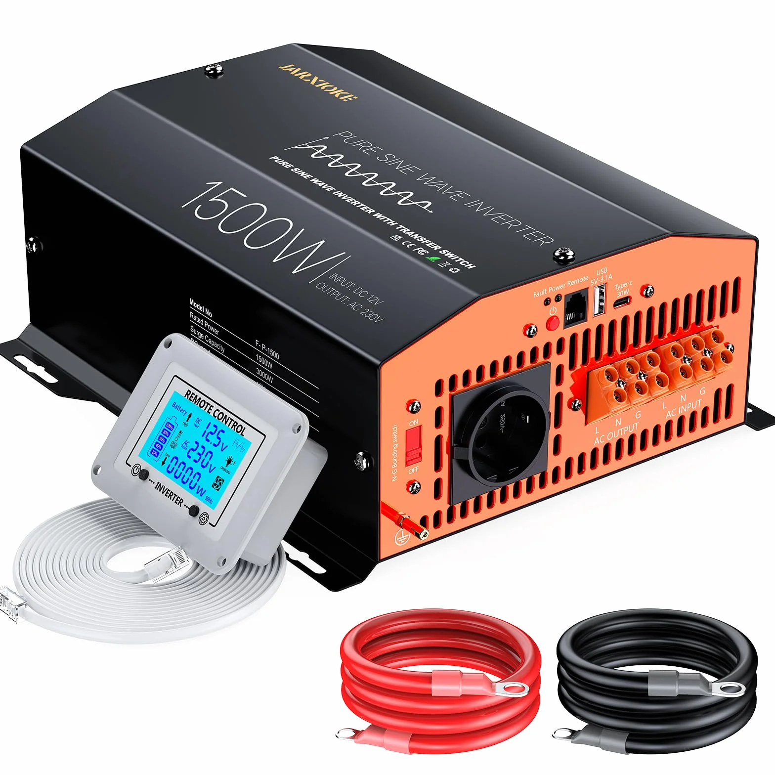 Falownik 12 V na 230 V, czysty sinus 1500 W/3000 W z automatyczną ATS, przełączaniem sieci, LCD i pilotem zdalnego sterowania, do przyczep kempingowych, samochodów ciężarowych, na kemping, zasilanie