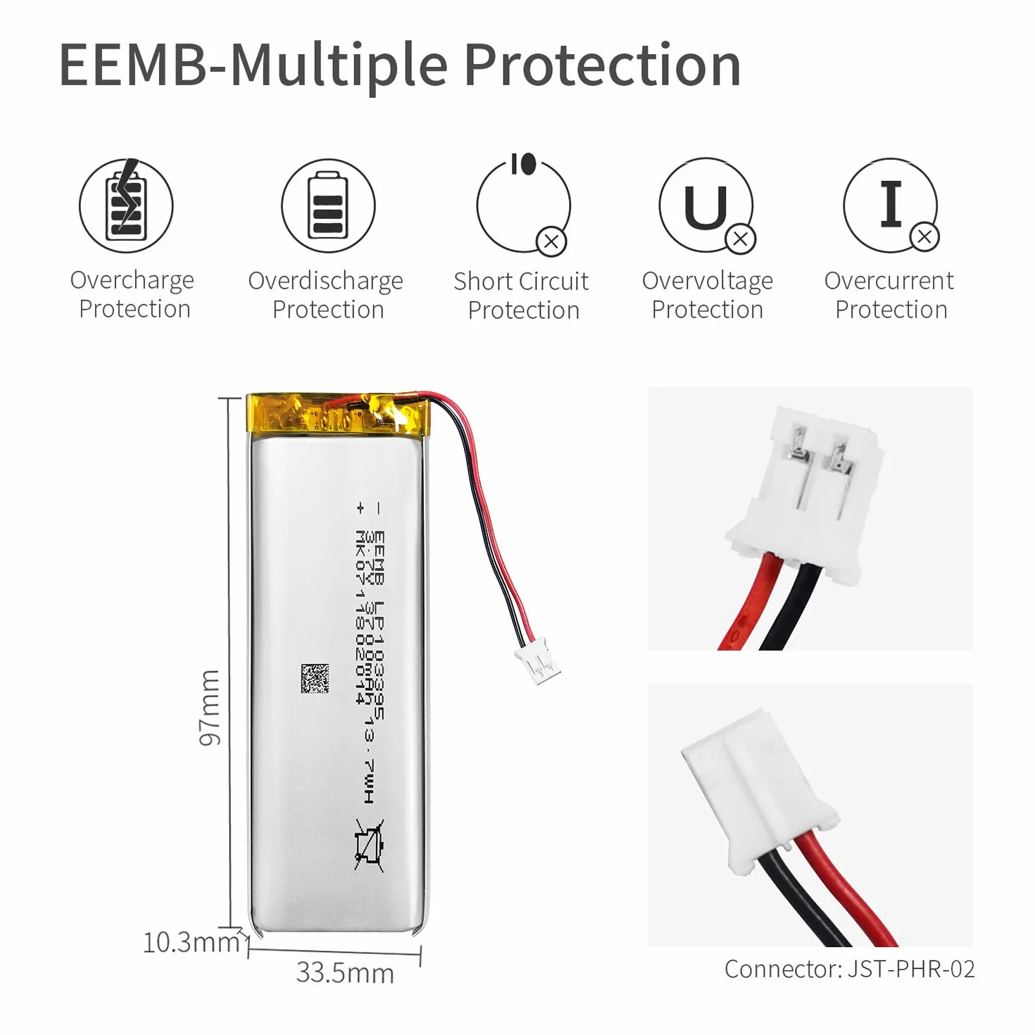 EEMB 3.7V 3700mAh 103395 Bateria Lipo ładowalny litowy polimerowy ze złączem JST - Upewnij się, że polaryzacja urządzenia pasuje do akumulatora przed zakupem!!!