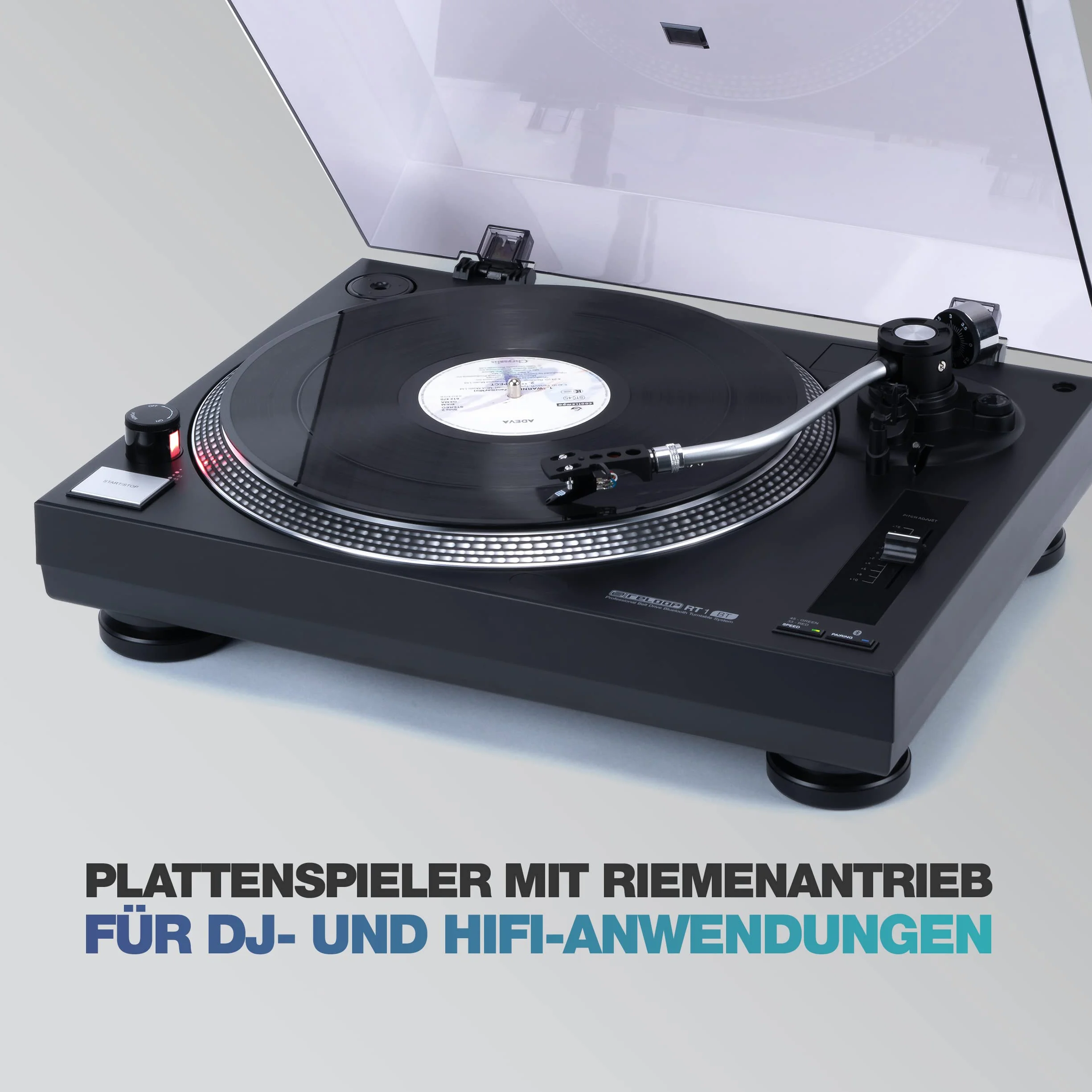 Gramofon Reloop RT-1 BT z napędem paskowym do zastosowań DJ i HiFi, Wyjście Bluetooth do bezprzewodowego połączenia z głośnikami Bluetooth, Wstępnie zmontowany system wkładek magnetycznych Ortofon