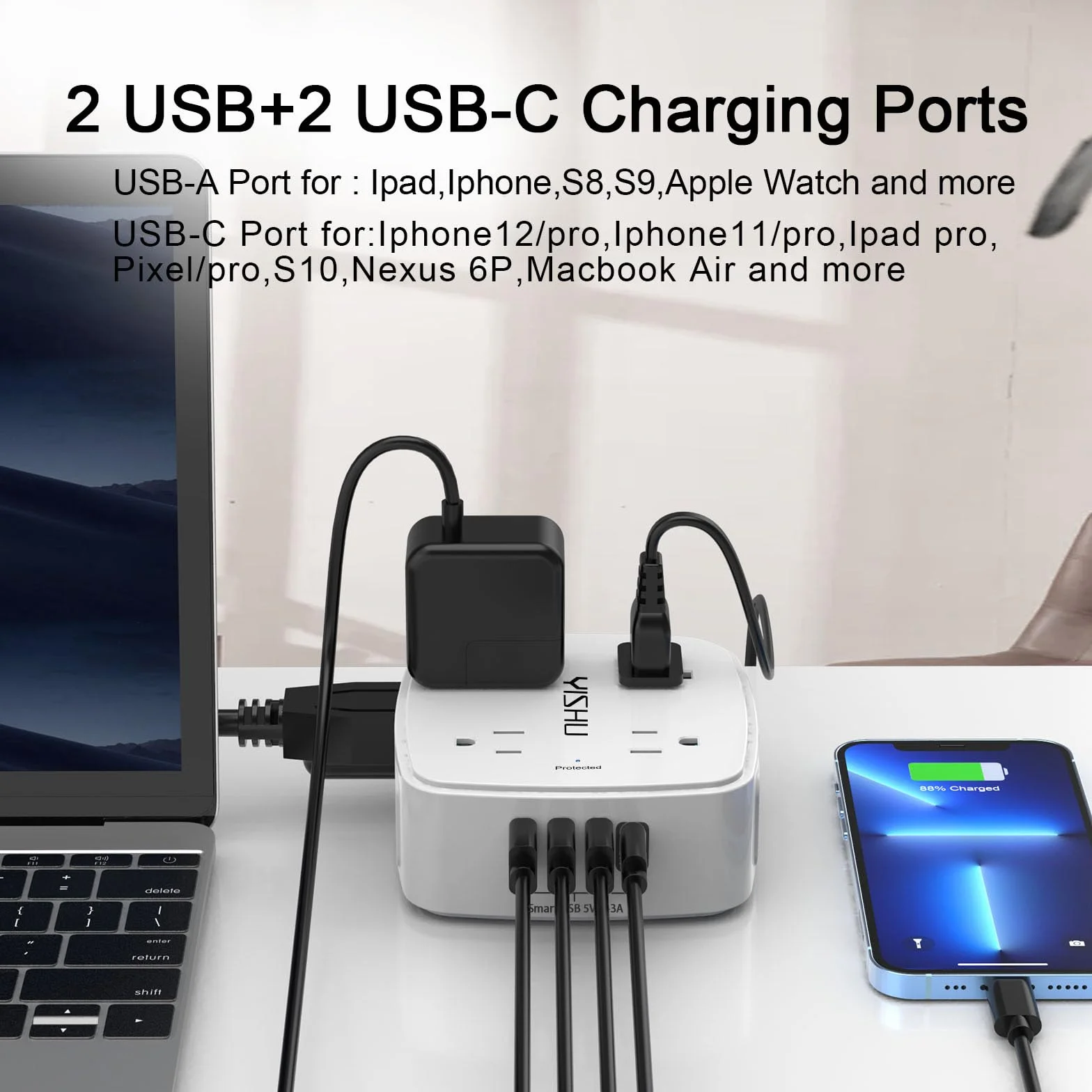 6 Ft Surge Protector Power Strip - 8 Widely Outlets with 4 USB Ports, 3 Side Outlet Extender with 6 Feet Extension Cord, Flat Plug, Wall Mount, Desk USB Charging Station, ETL ,White