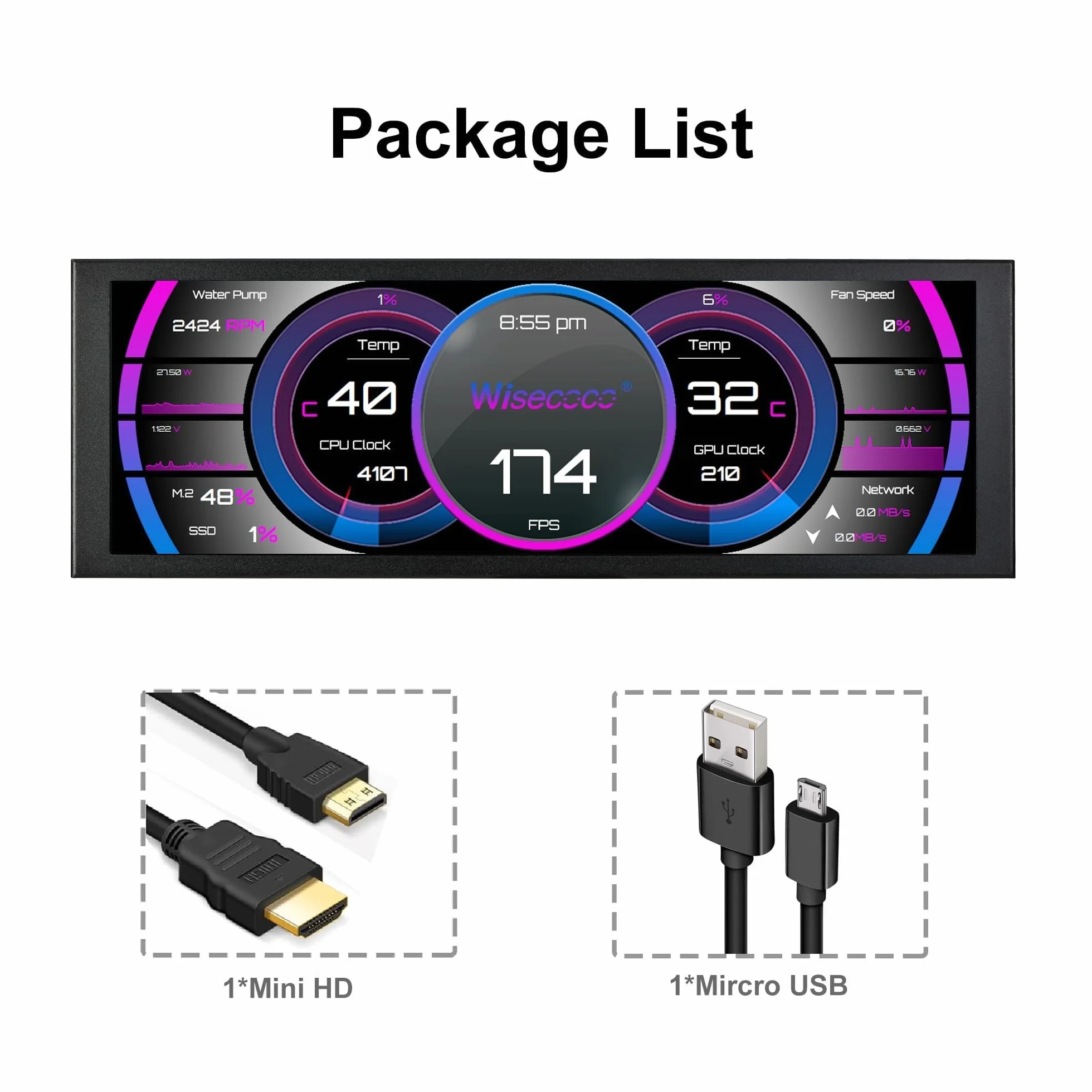 wisecoco 7.84 Inch Mini Monitor HD IPS 1280x400 Wtórny ekran rozciągnięty pasek Wyświetlacz LCD z obudową do laptopa Prędkość Temperatura Windows Aida64 CPU GPU Monitorowanie