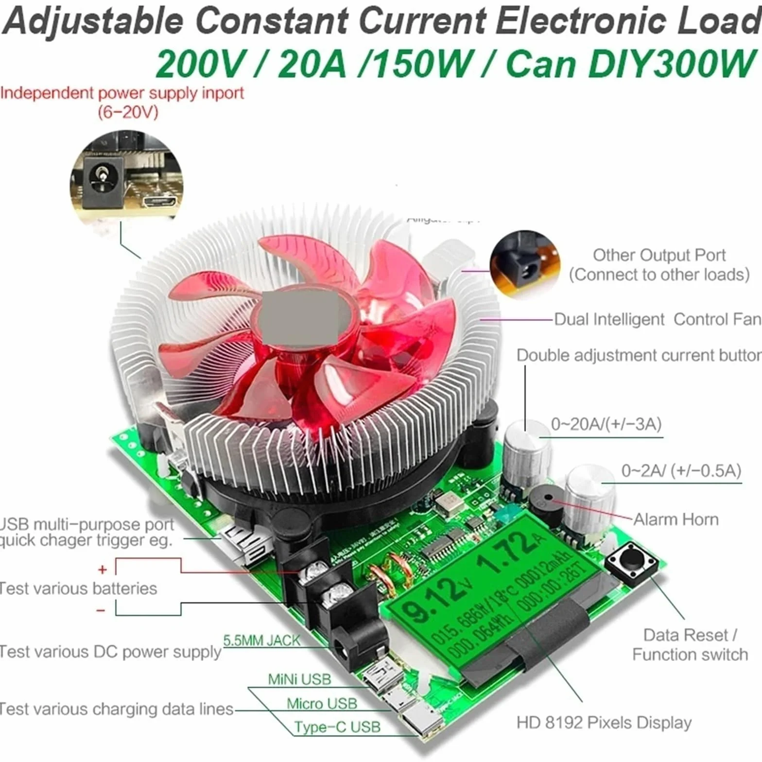 Tester obciążenia akumulatora, 200V 150W regulowany prąd stały elektroniczny obciążenie akumulatora Tester USB DC 12V 24V miernik pojemności rozładowania litowo-ołowiowego