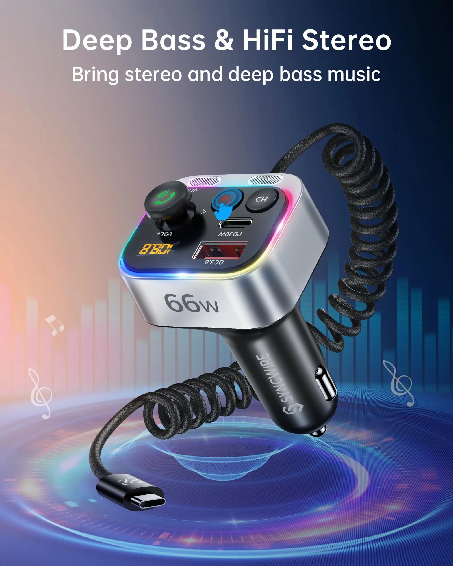 Syncwire Transmiter FM Bluetooth 5.4, adapter samochodowy, 66 W, PD QC 3.0, ładowarka samochodowa z kablem spiralnym USB-C, bezprzewodowy adapter radiowy FM, silne mikrofony i basowy dźwięk Hi-Fi,