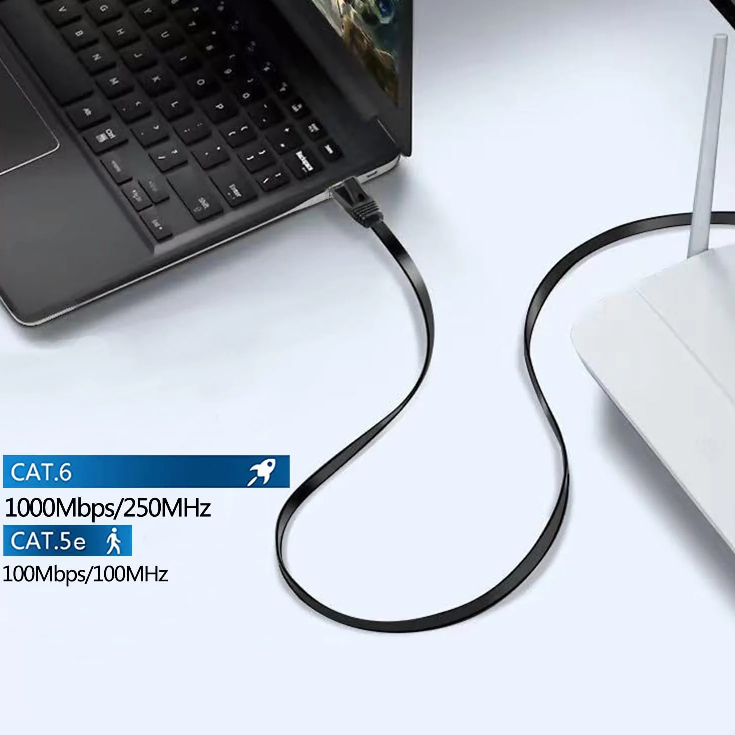 Kabel Ethernet 15m, Cat 6 Kabel Internetowy 15 Metry Płaski O Wysokiej Prędkości 1 Gb/s, Ekranowany Rj45 Gigabit Kabel Lan Czarny Kabel Krosowy Z 15 Klipsami Do Modemu, Routera (15M)