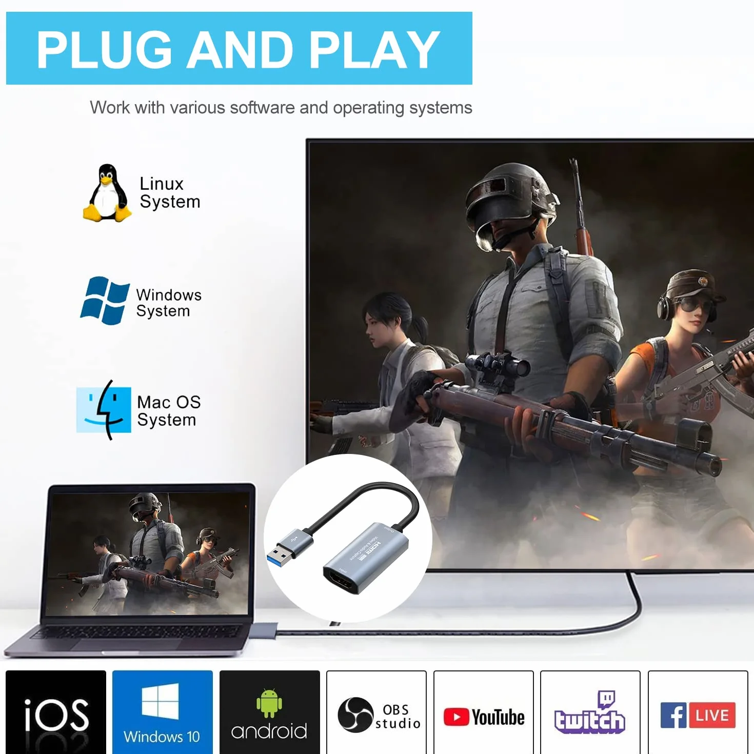 Karta przechwytywania wideo, karta 4K Cam Link karta przechwytywania HDMI na USB, pełne urządzenie do przechwytywania wideo 1080P do gier, przesyłania strumieniowego, kompatybilna z systemem Mac OS