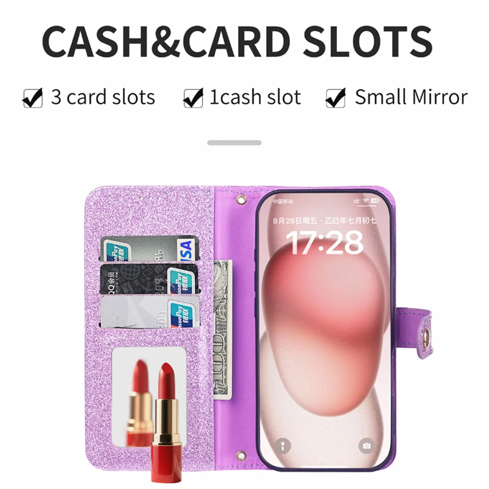 Etui z klapką do iPhone 17 Pro Max/17 Pro/17 Air/17, luksusowy brokat skórzany pokrowiec na portfel z kieszeniami na karty, różowy, 17 ProMax